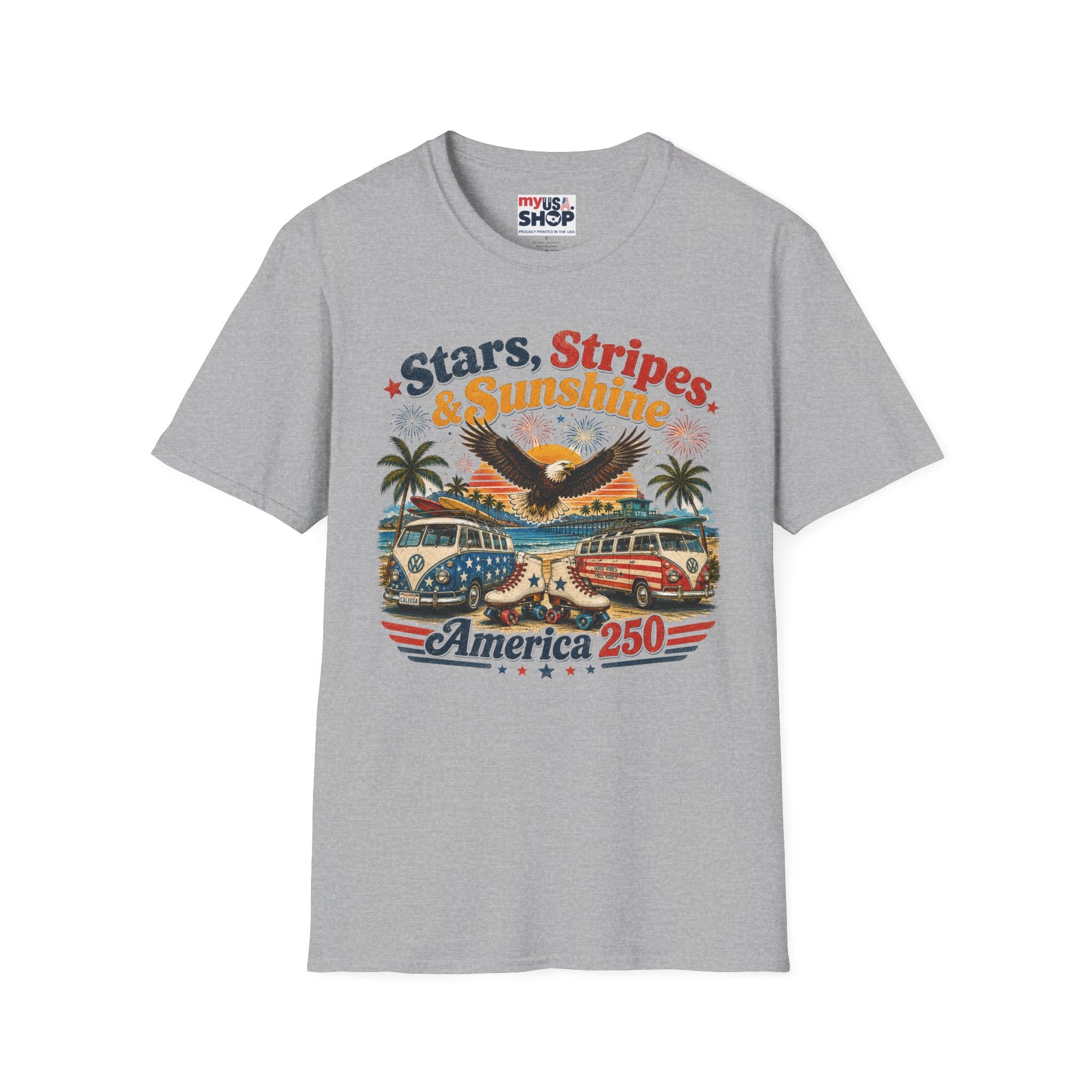 America 250 Stars, Stripes & Sunshine T-Shirt — Vintage Eagle Beach Americana Tee