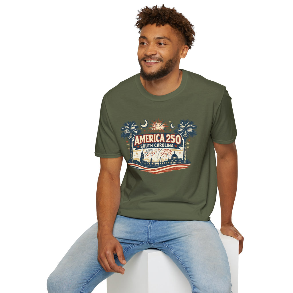 America 250 South Carolina T‑Shirt — Patriotic 250th Anniversary Tee with Palms & Fireworks