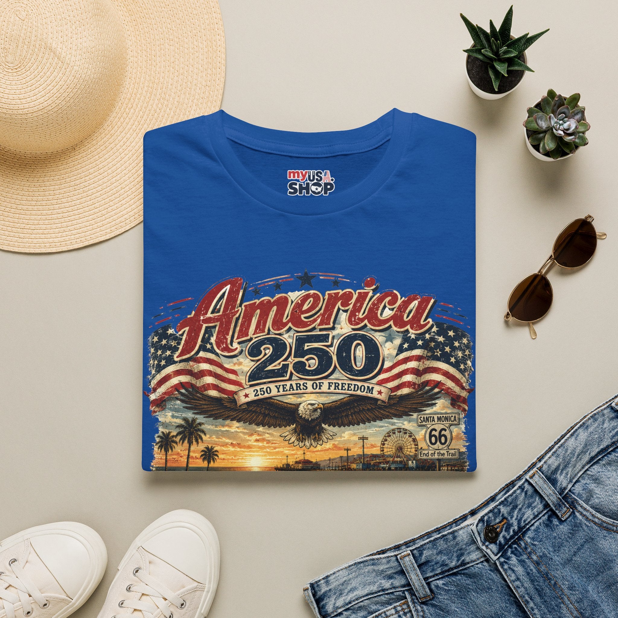 America 250 Santa Monica T-Shirt — USA 250 Years of Freedom Vintage Graphic Tee