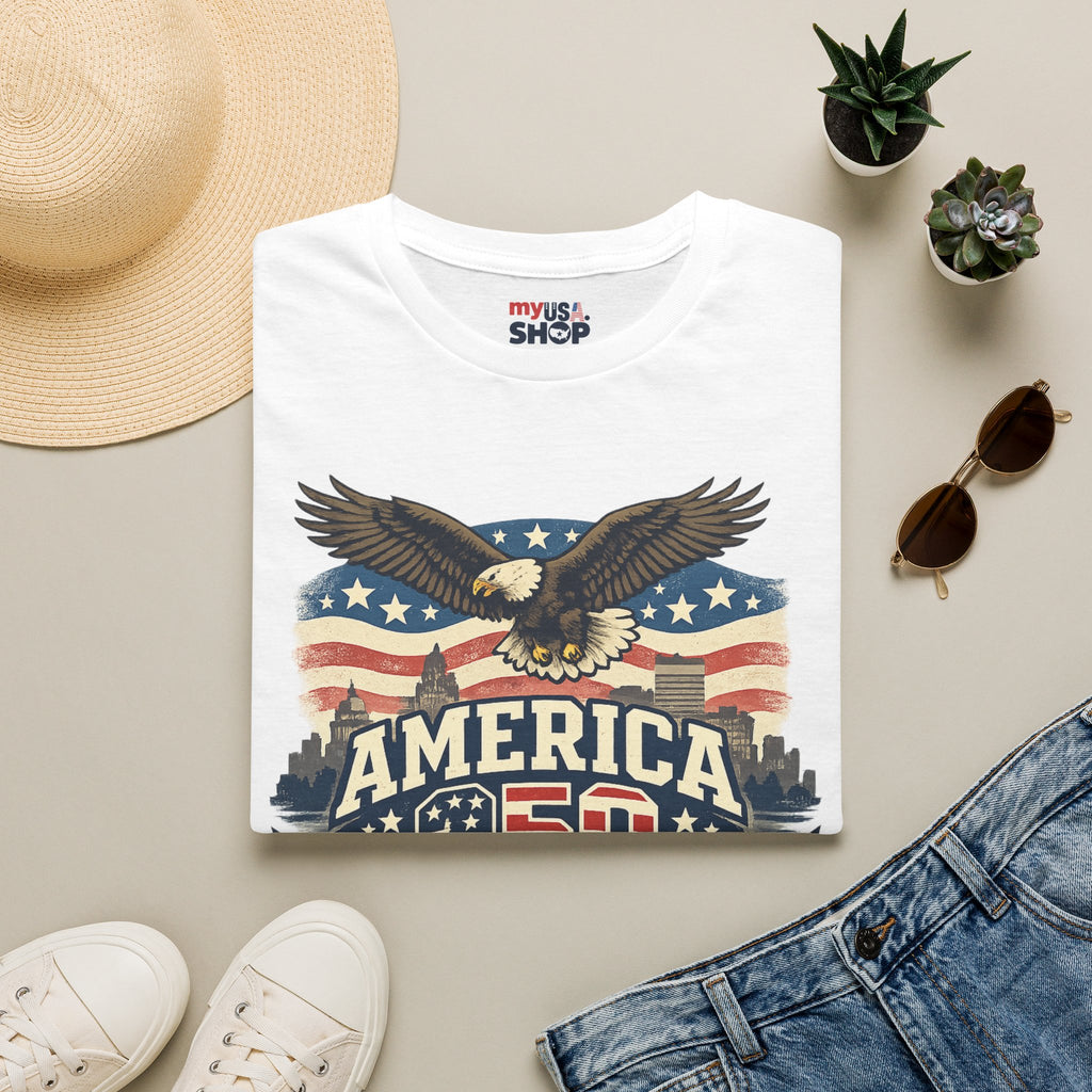 America 250 Rhode Island Eagle Shirt — Patriotic Skyline Graphic Tee