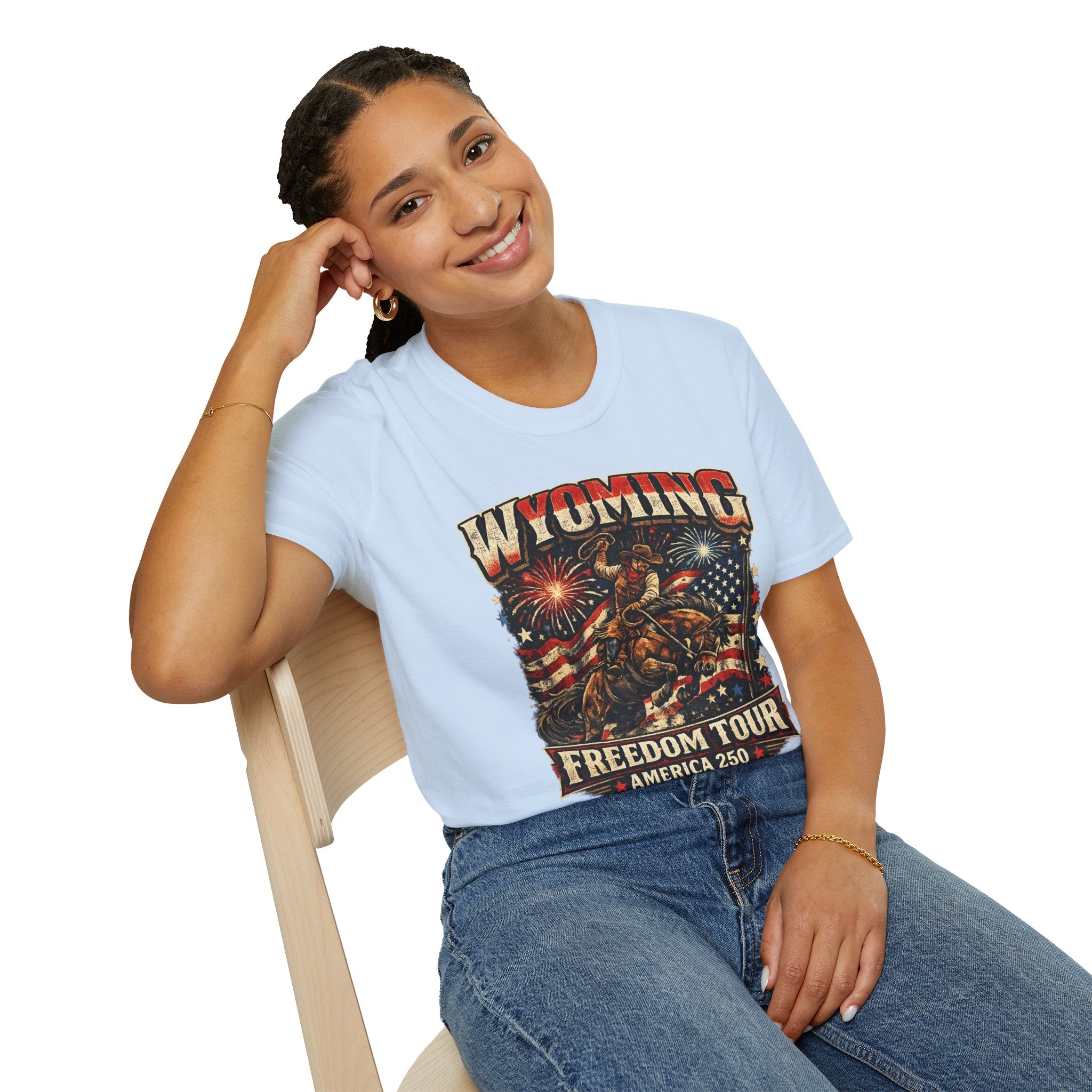 America 250 Freedom Tour T-Shirt — Wyoming Patriotic Rodeo USA Graphic Tee