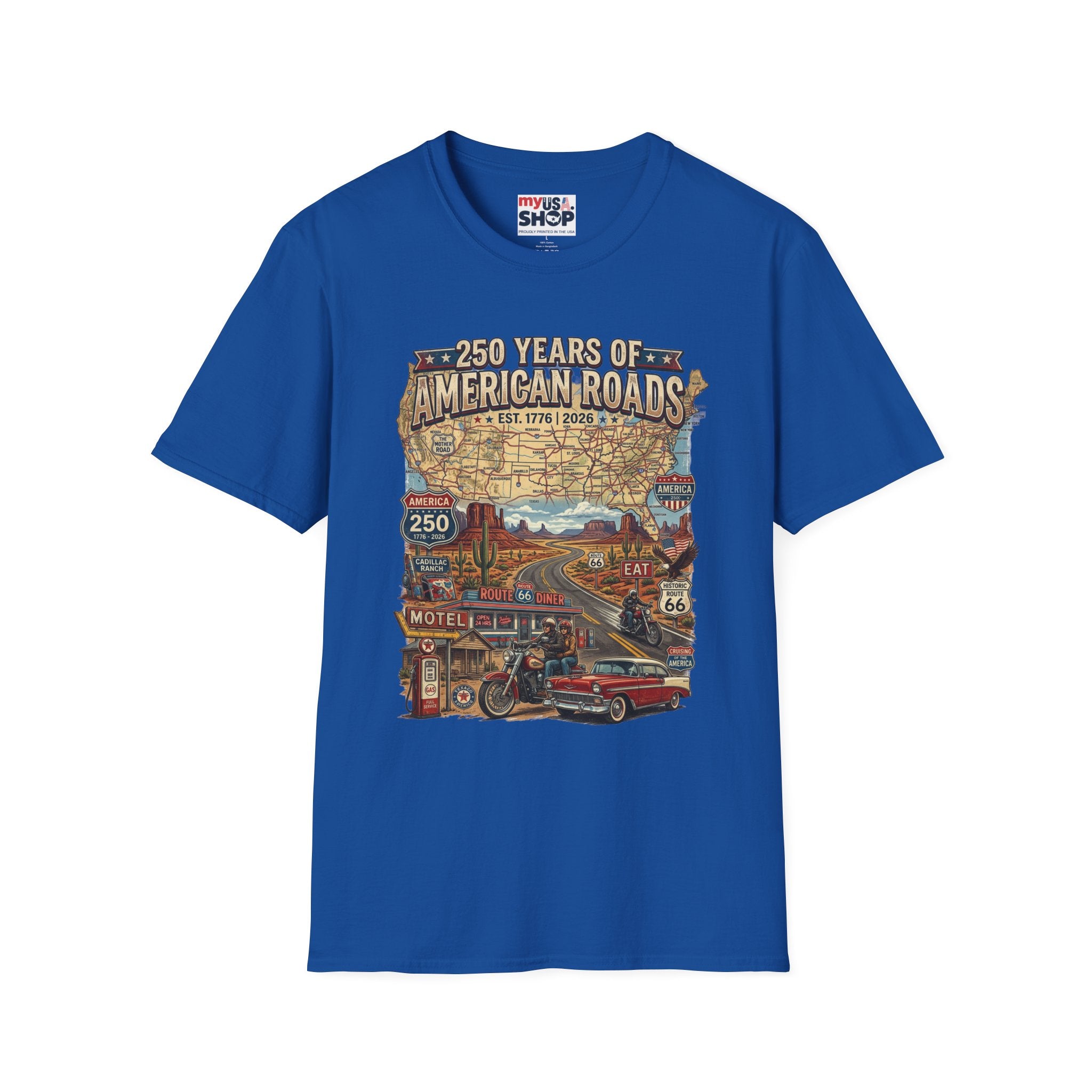 250 Years of American Roads T‑Shirt — Vintage USA Roadmap & Route 66 Travel Tee America 250 Pop Culture