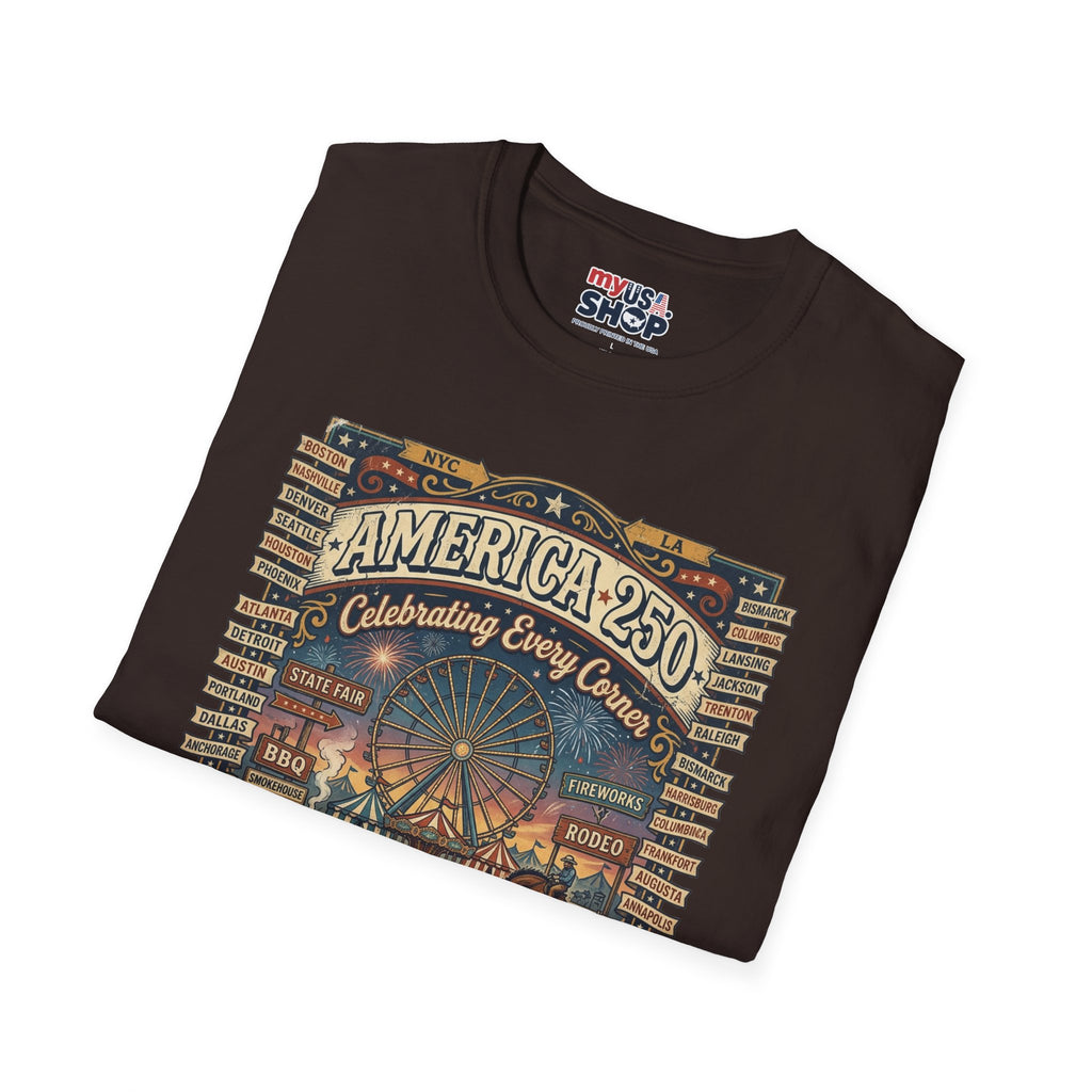 America 250 Celebration T-Shirt — Vintage Fair Ferris Wheel Patriotic Tee Pop Culture