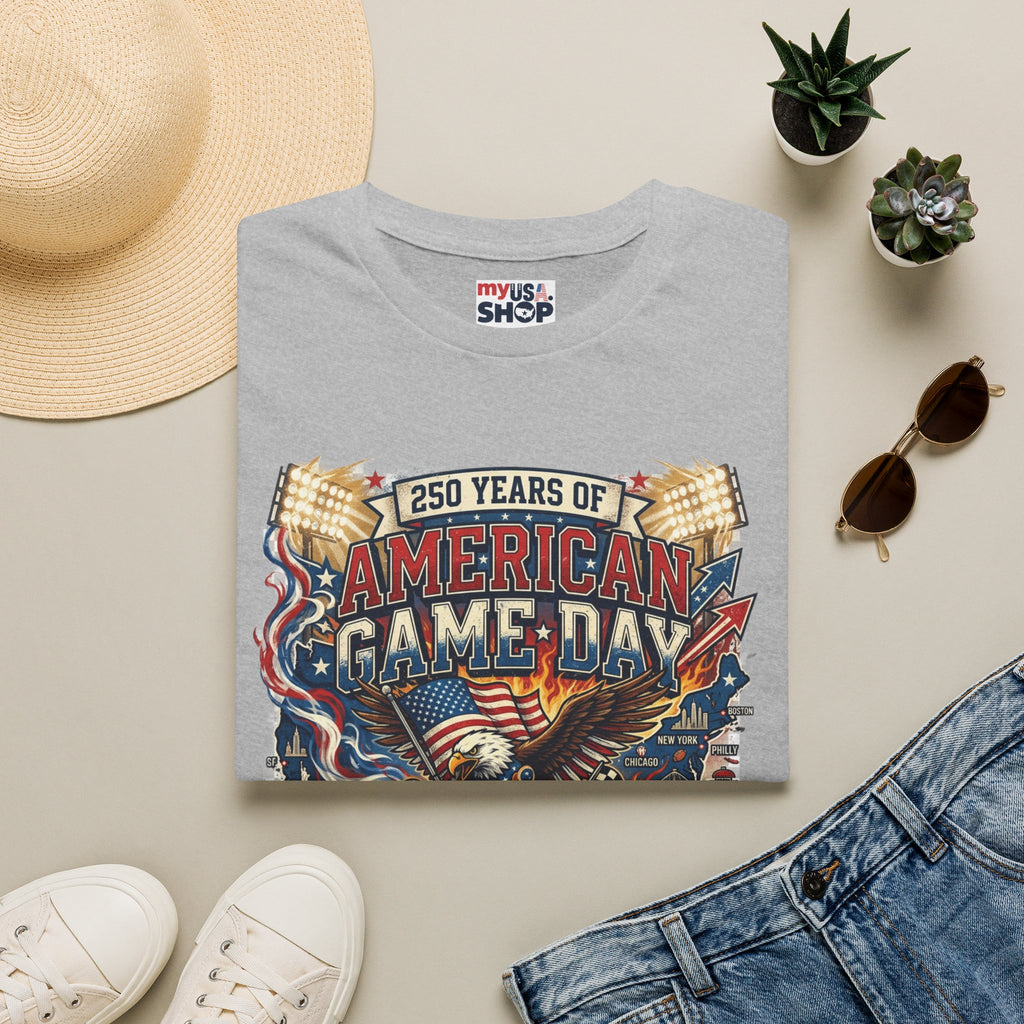 American Game Day T-Shirt — 250 Years USA Football & Baseball Celebration Pop Culture