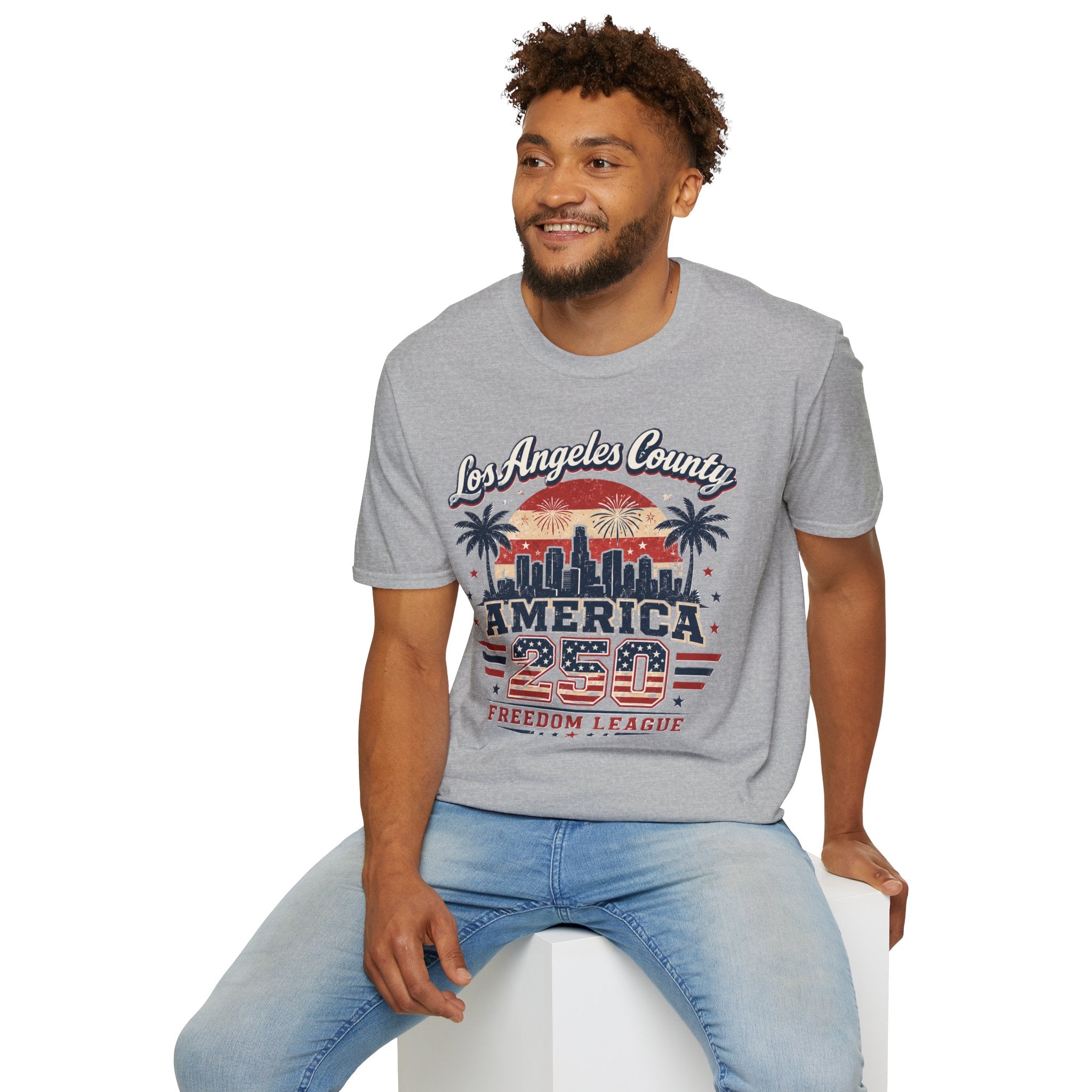 Los Angeles County Skyline T-Shirt — Vintage American 250 Fireworks Design