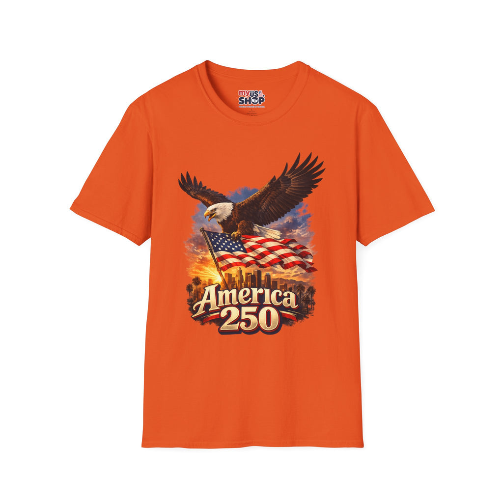 America 250 Los Angeles Eagle Flag Skyline Palms Sunset White California Tee
