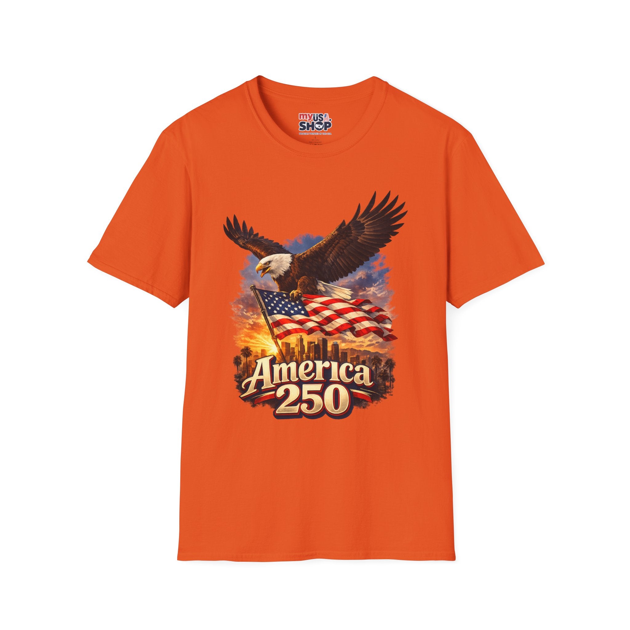 America 250 Los Angeles Eagle Flag Skyline Palms Sunset White California Tee