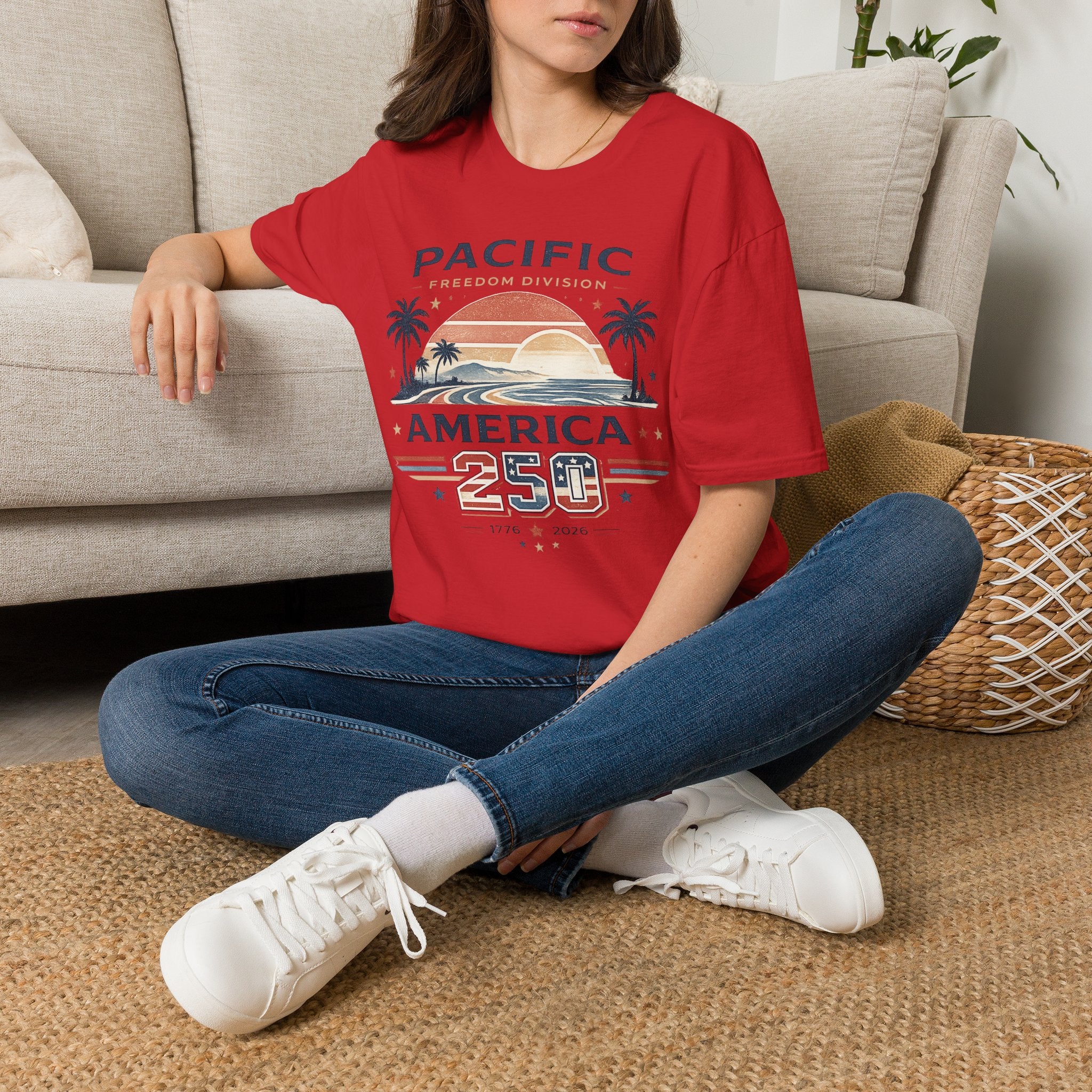 America 250 Pacific Sunset T-Shirt — Vintage Coastal Palm Beach Graphic