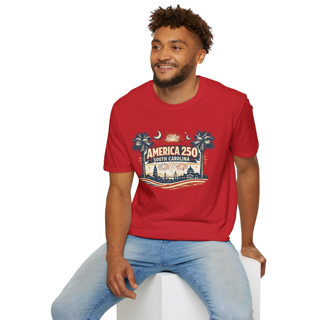 America 250 South Carolina T‑Shirt — Patriotic 250th Anniversary Tee with Palms & Fireworks