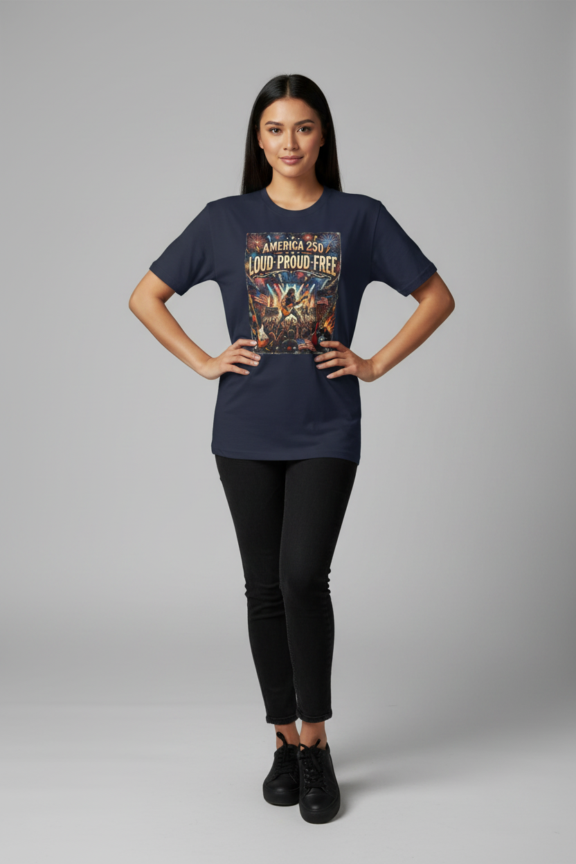 America 250 "Loud Proud Free" T-Shirt — Patriotic Fireworks Concert Tee Pop Culture