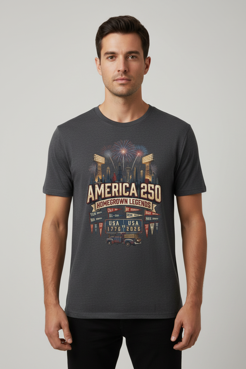 America 250 Celebration T‑Shirt — Hometown Legends Fireworks Skyline Pop Culture