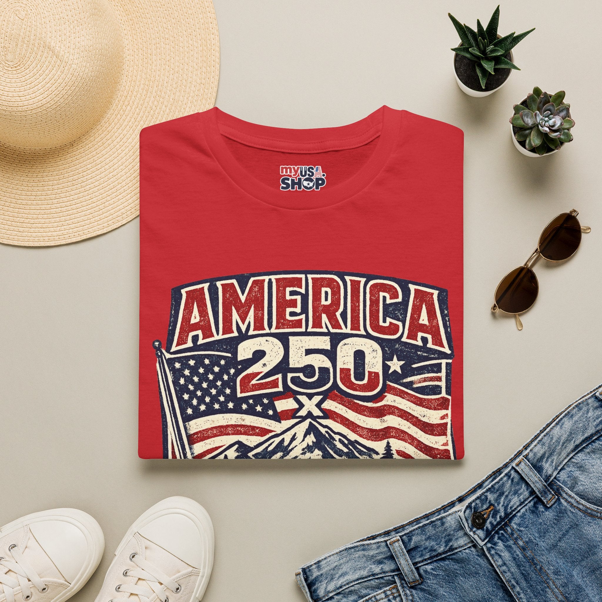 America 250 Oregon Shirt — Patriotic Mountain Flag Badge Tee