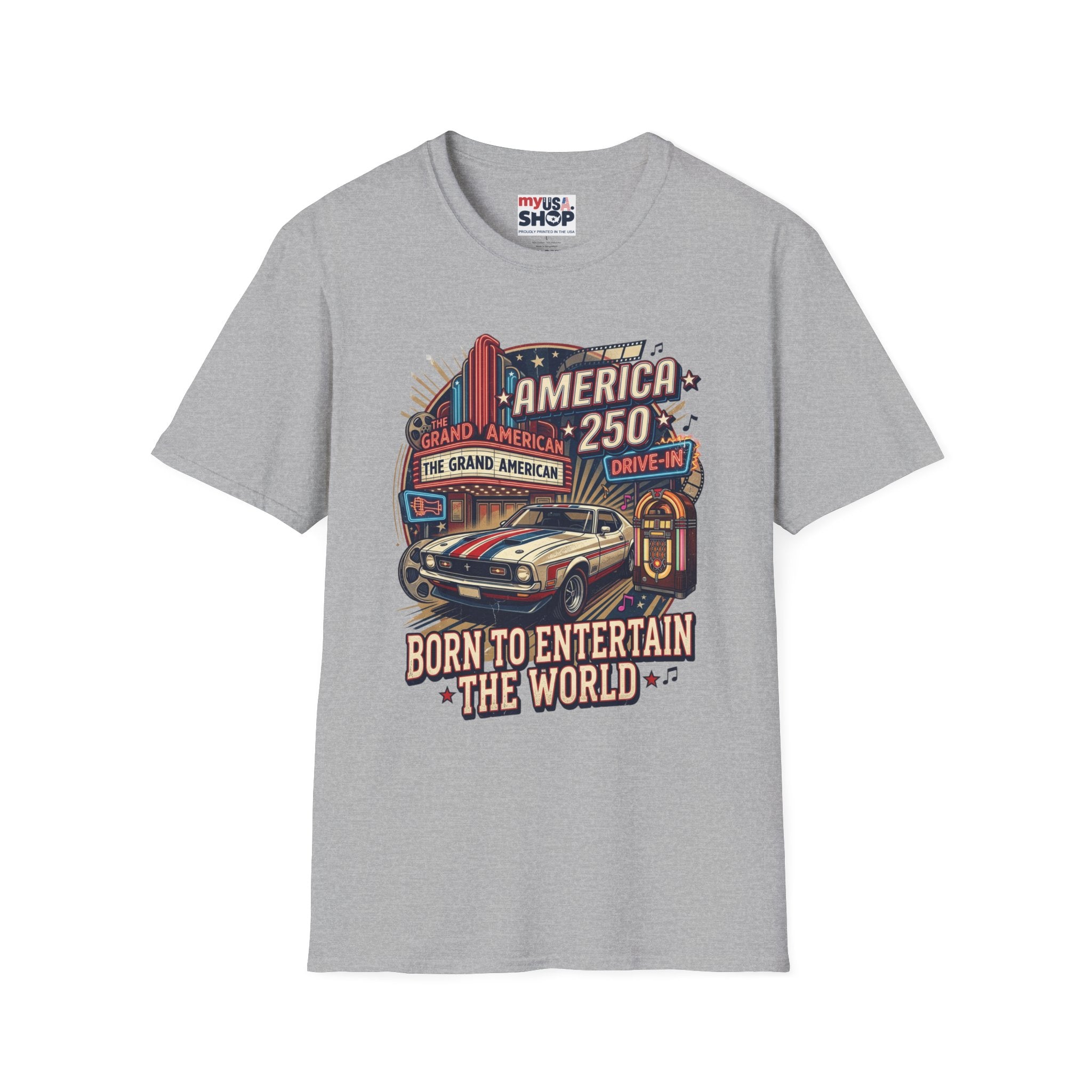 America 250 Vintage Drive-In Car T-Shirt — "Born to Entertain the World" Pop Culture