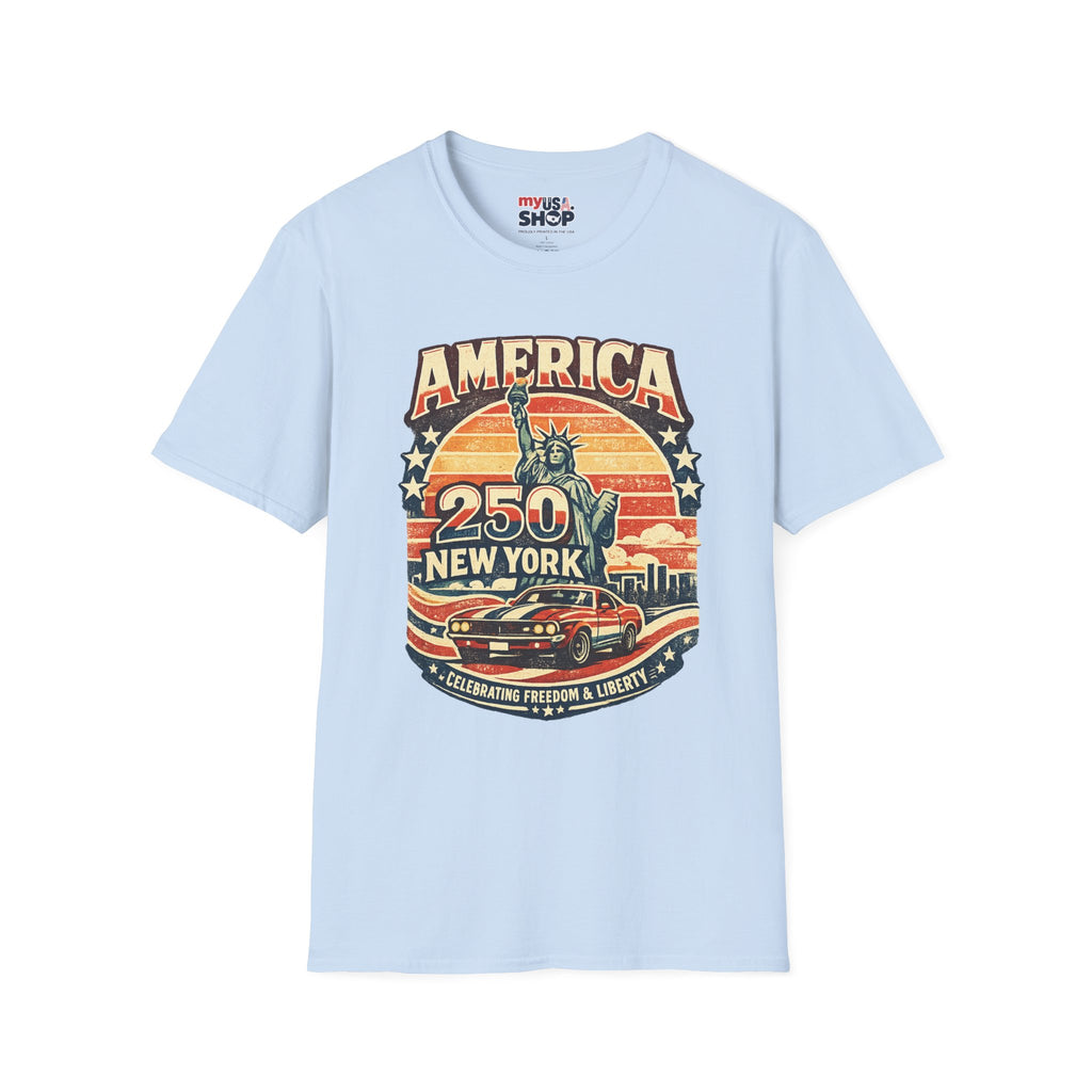America 250 New York T-Shirt — Retro Statue of Liberty Graphic