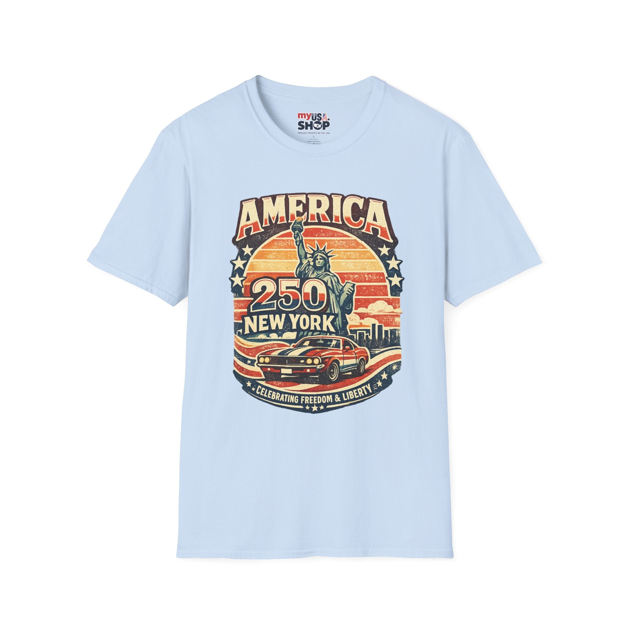 America 250 New York T-Shirt — Retro Statue of Liberty Graphic