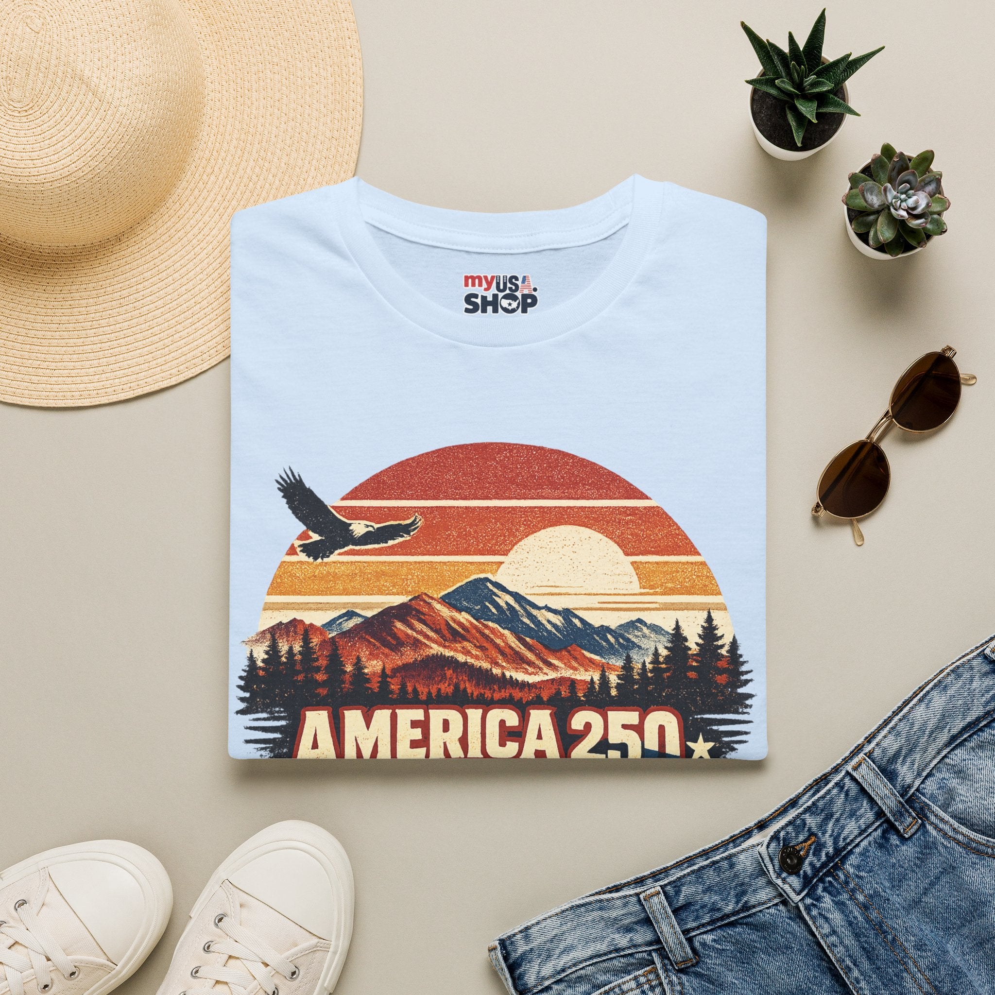 America 250 Retro Sunrise T-Shirt — West Virginia Scenic Eagle Design
