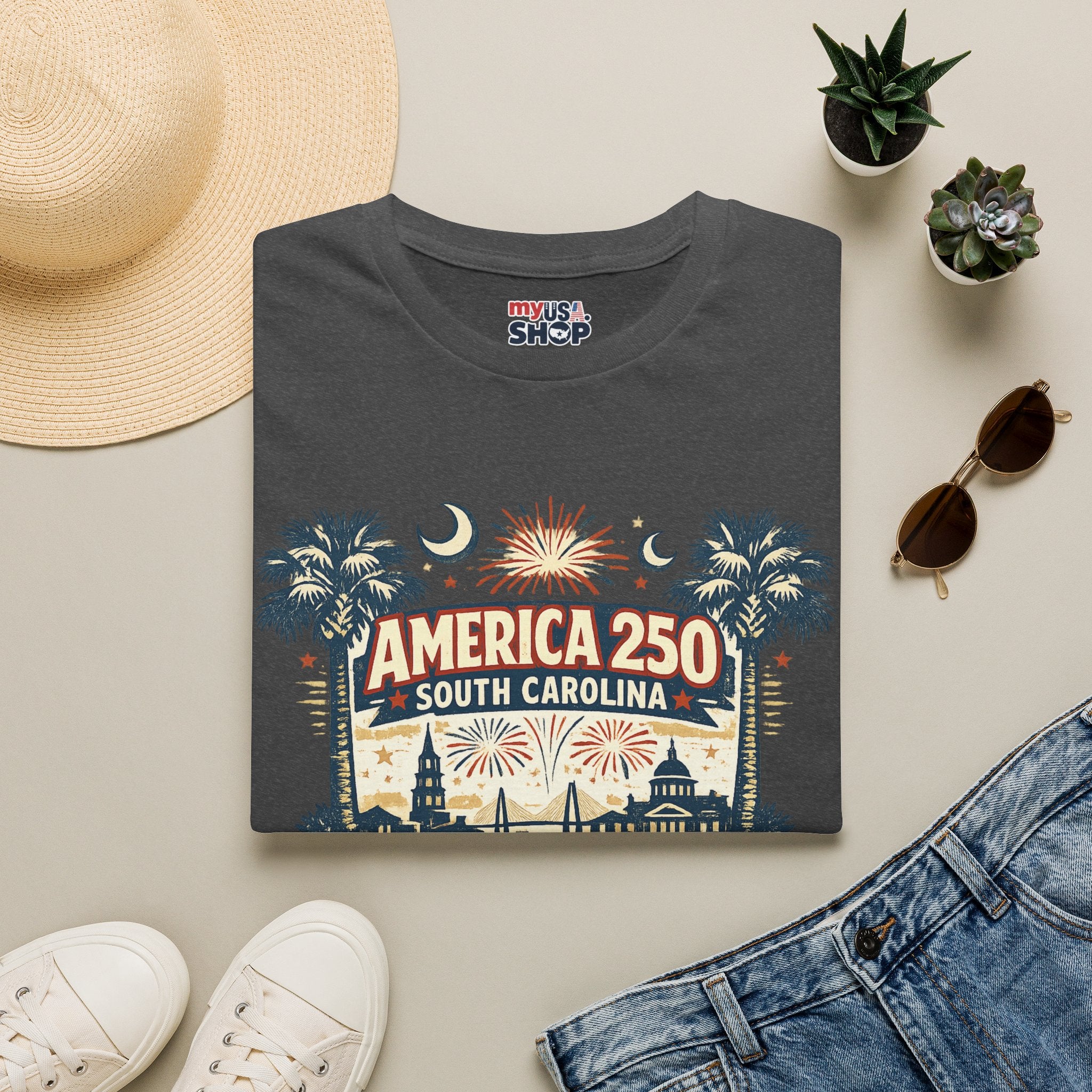 America 250 South Carolina T‑Shirt — Patriotic 250th Anniversary Tee with Palms & Fireworks