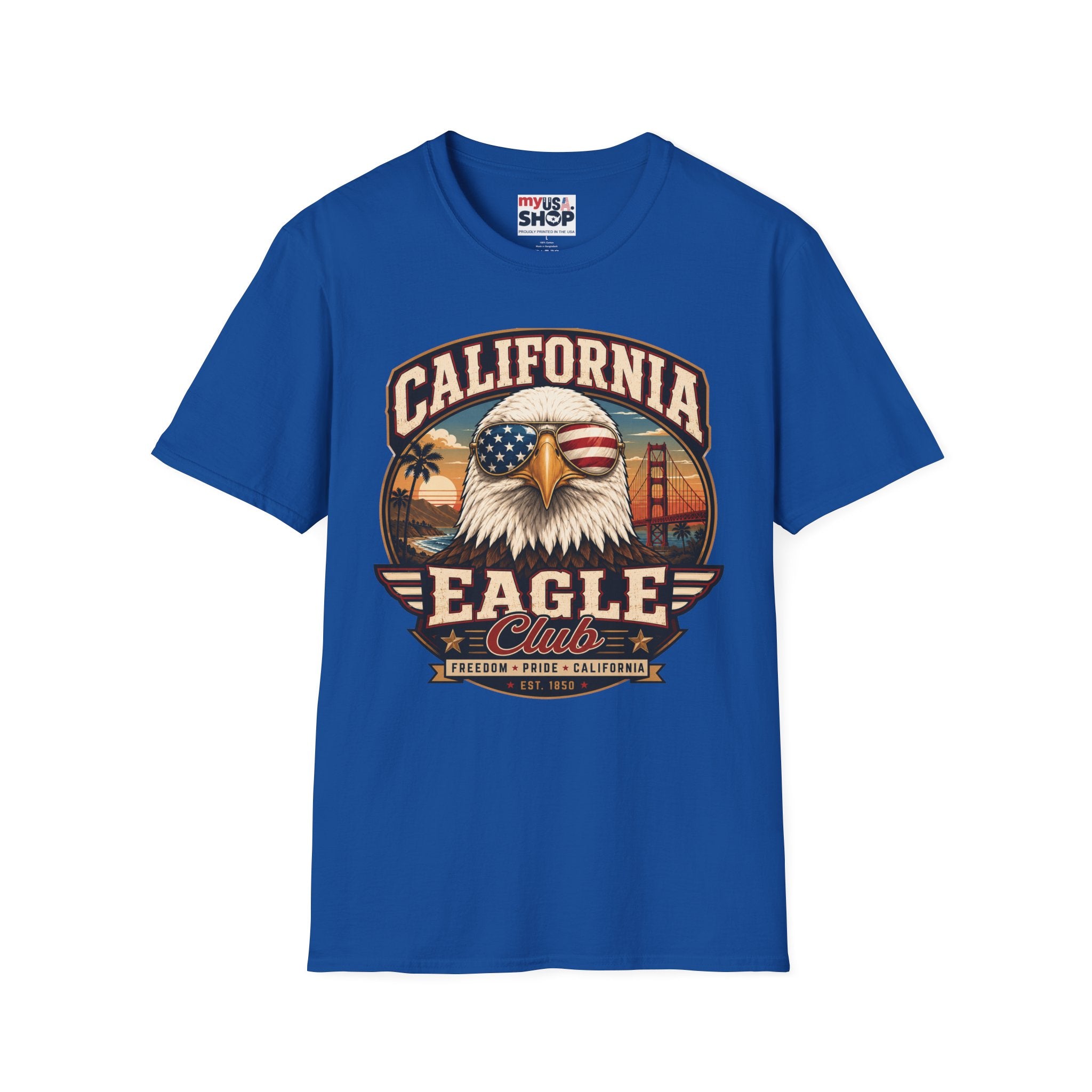 America 250 California Eagle Club T-Shirt — Patriotic Vintage Bald Eagle & Golden Gate Tee