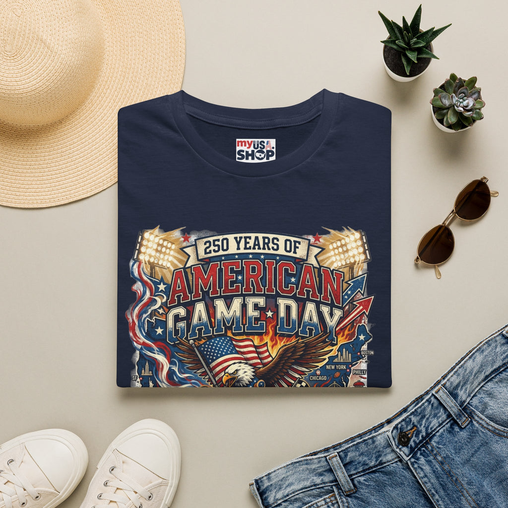 American Game Day T-Shirt — 250 Years USA Football & Baseball Celebration Pop Culture