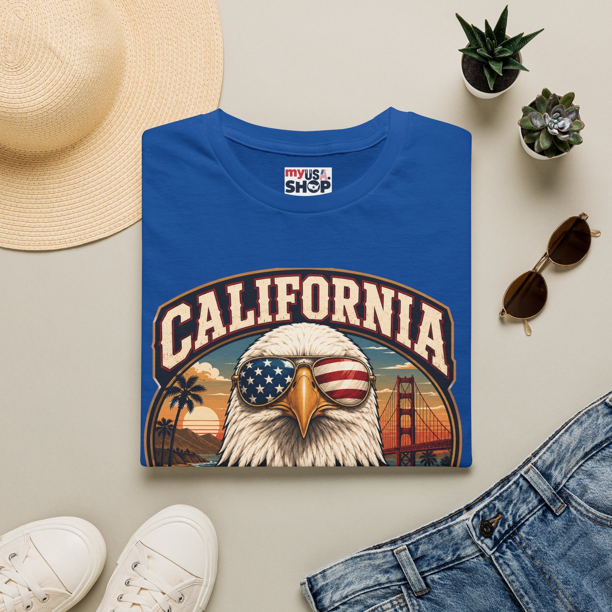 America 250 California Eagle Club T-Shirt — Patriotic Vintage Bald Eagle & Golden Gate Tee