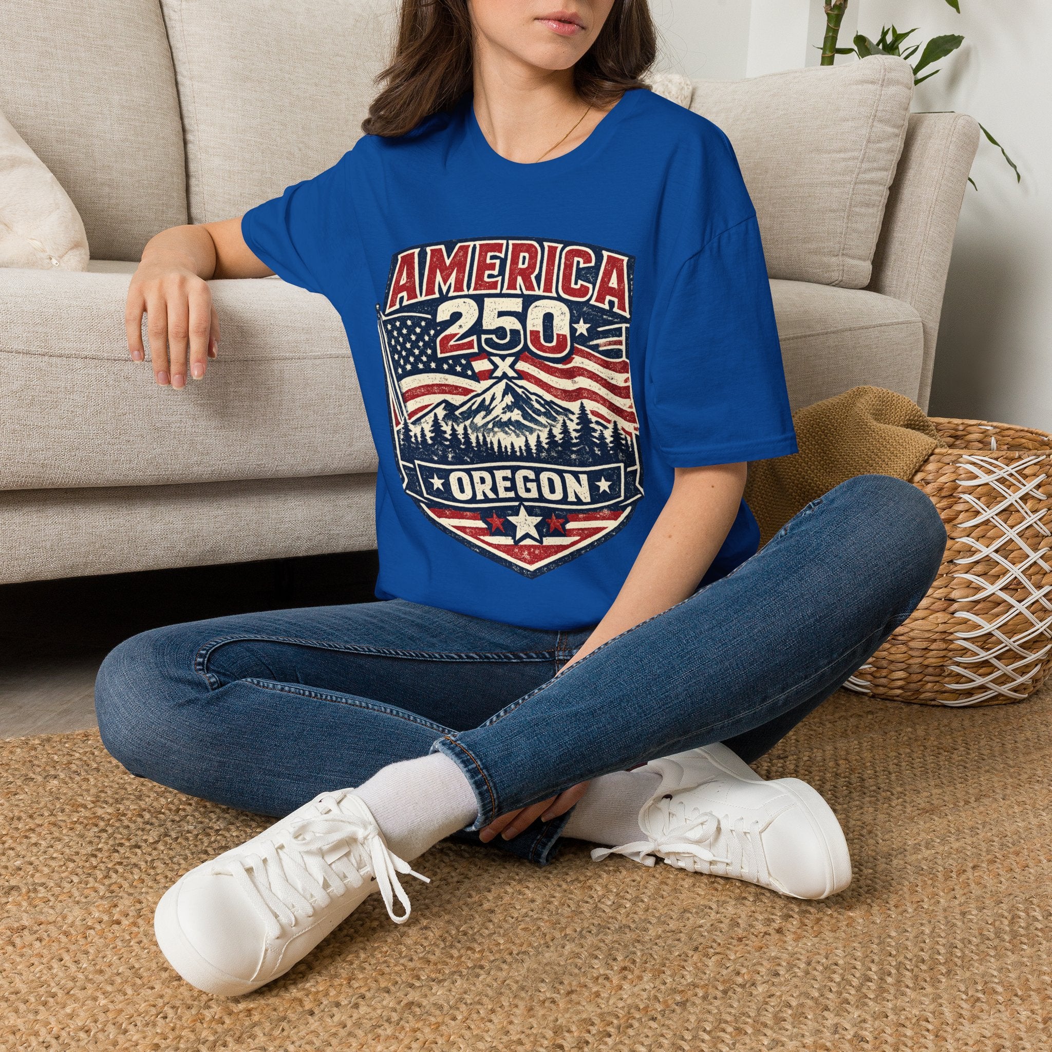 America 250 Oregon Shirt — Patriotic Mountain Flag Badge Tee
