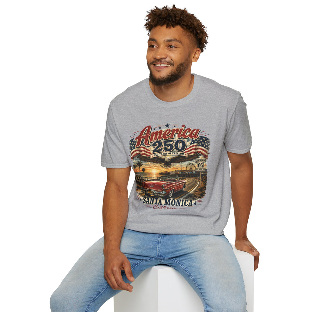 America 250 Santa Monica T-Shirt — USA 250 Years of Freedom Vintage Graphic Tee