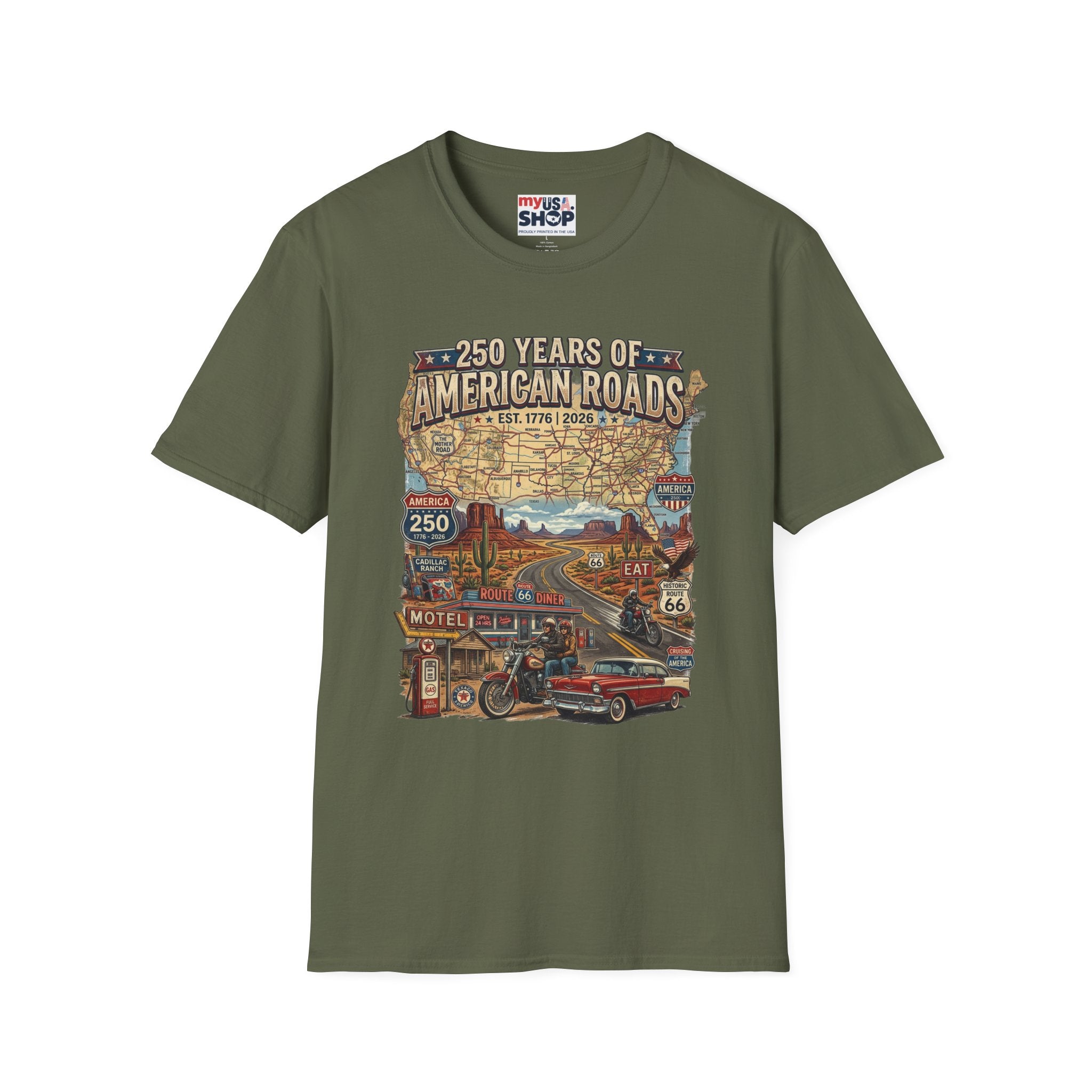 250 Years of American Roads T‑Shirt — Vintage USA Roadmap & Route 66 Travel Tee America 250 Pop Culture