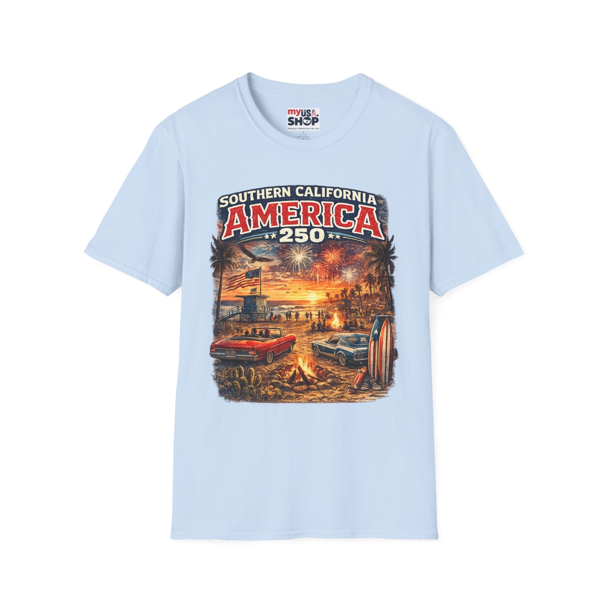 America 250 Southern California Sunset T-Shirt — Patriotic 4th of July Beach Vintage Tee