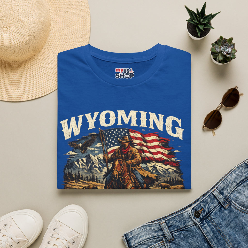 Wyoming Patriot Graphic T-Shirt — America 250 Flag & Cowboy Vintage Design
