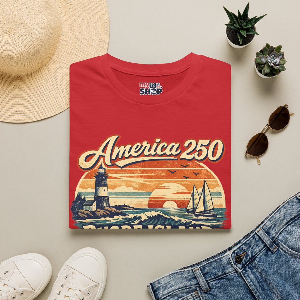 America 250 Rhode Island Heritage Shirt — Coastal Lighthouse Sunset Tee