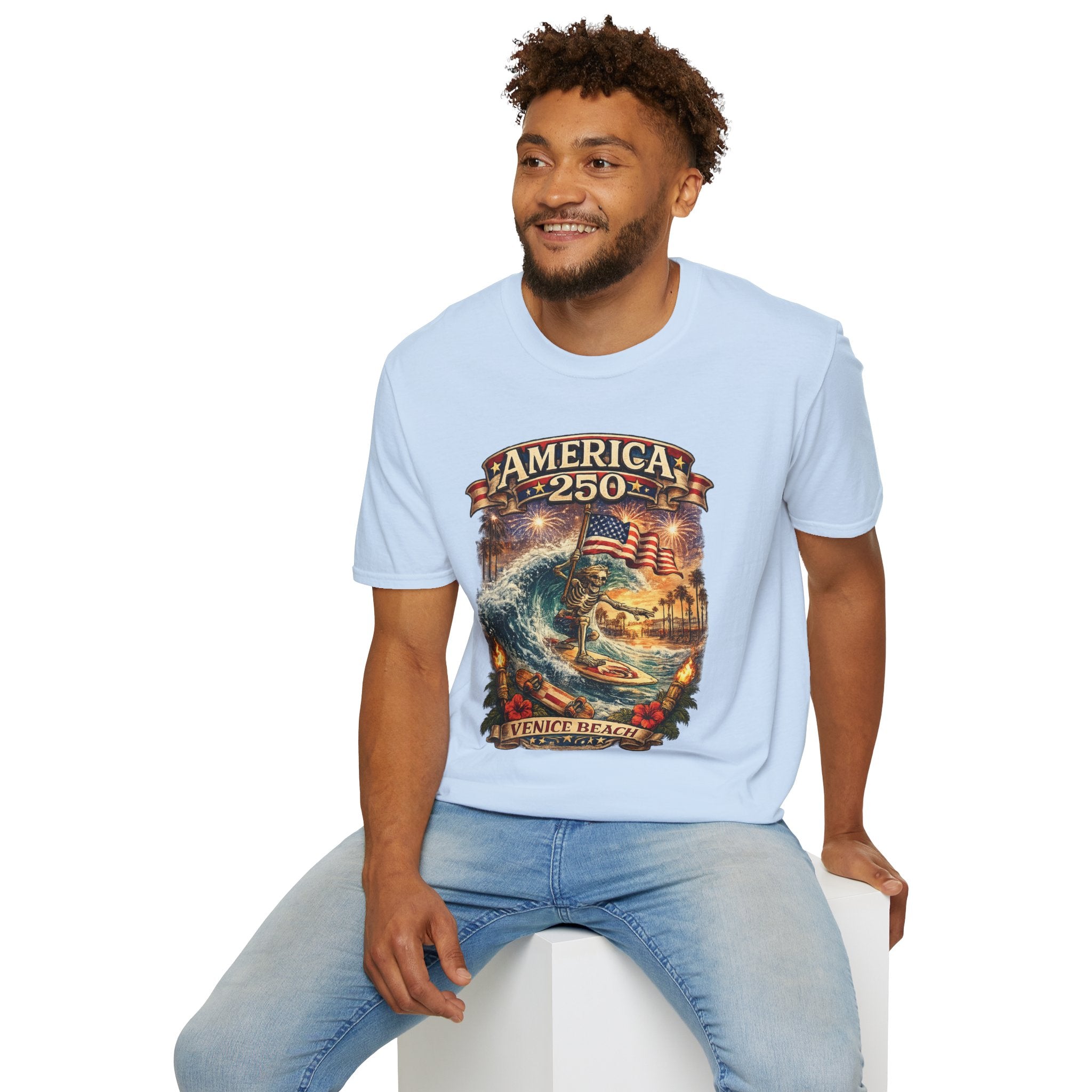 America 250 Venice Beach T-Shirt — Patriotic Vintage Surf & Fireworks Tee