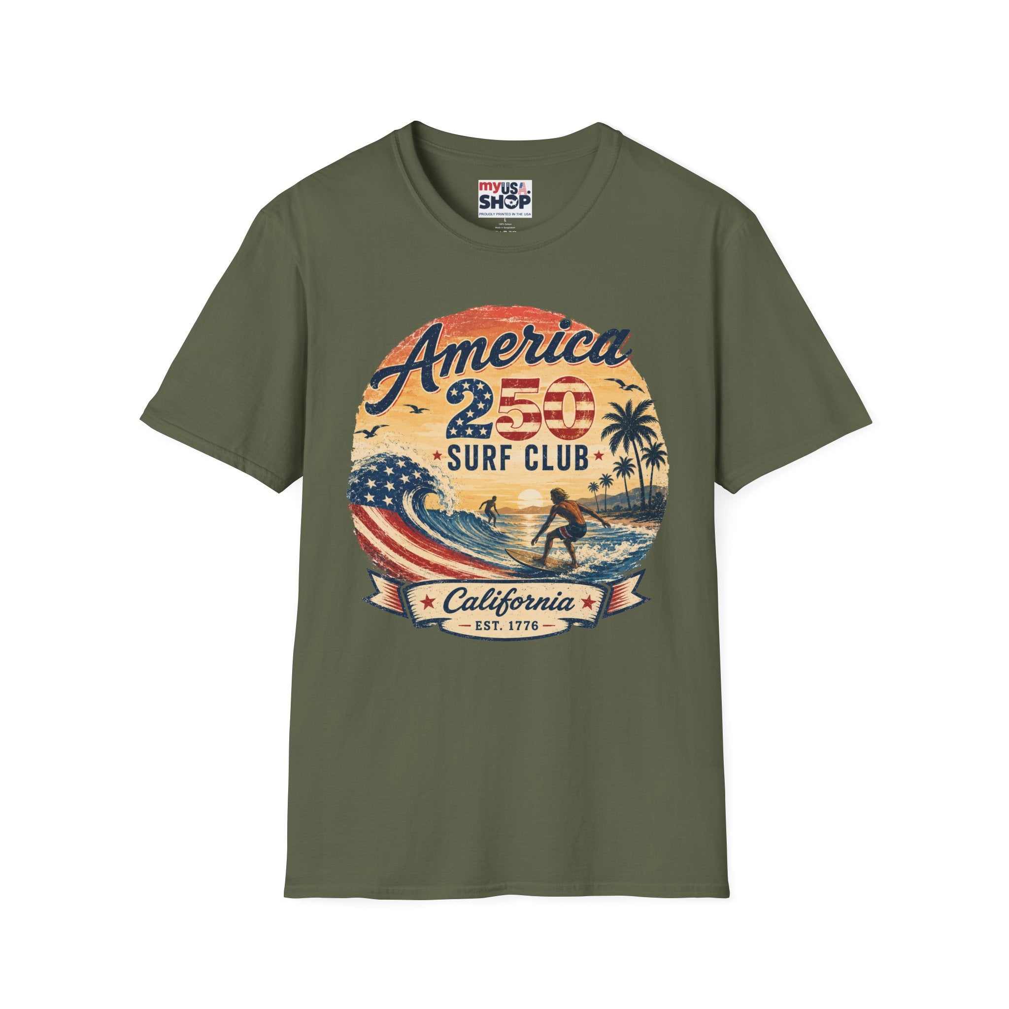 America 250 Surf Club T-Shirt — Patriotic California Surf Vintage Tee