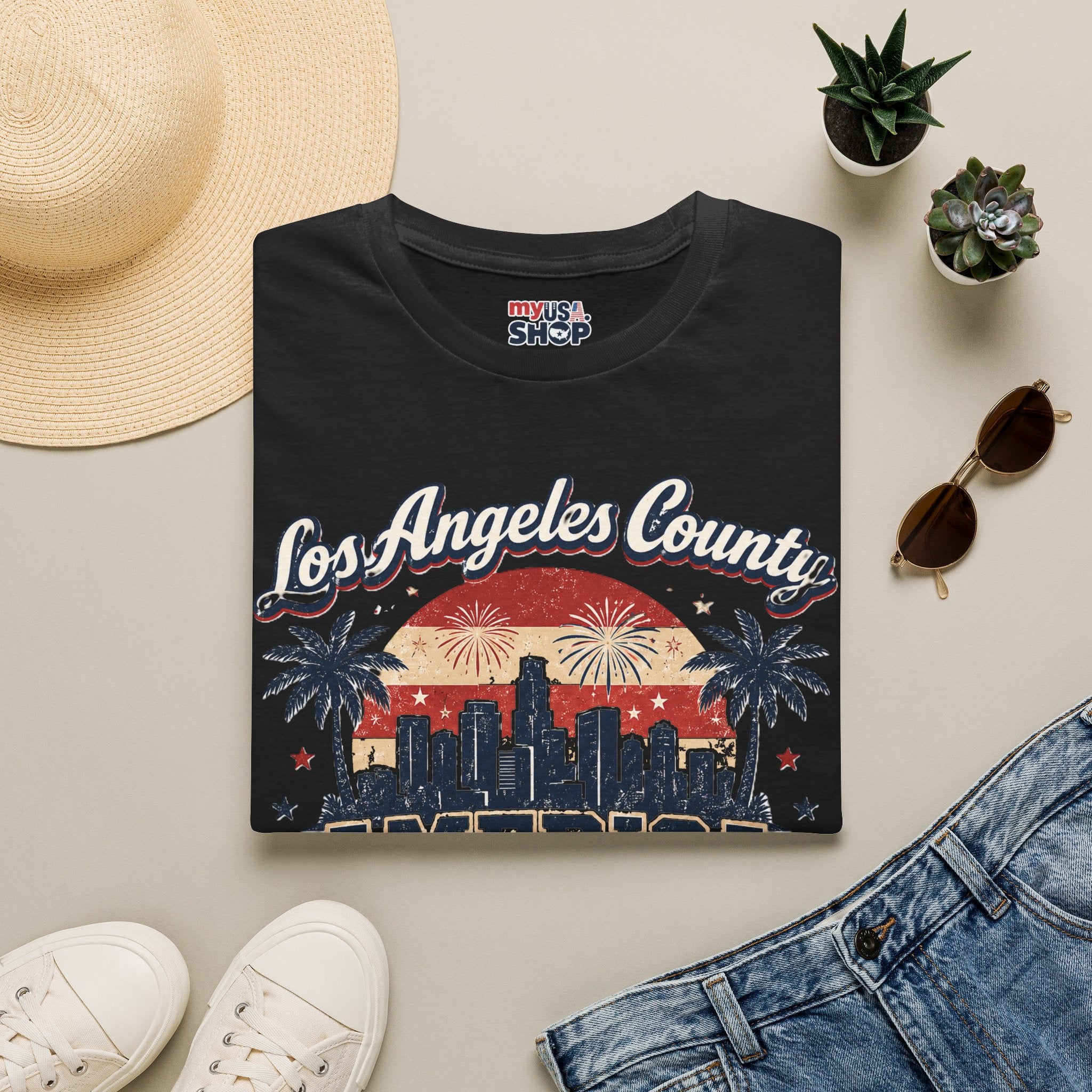 Los Angeles County Skyline T-Shirt — Vintage American 250 Fireworks Design