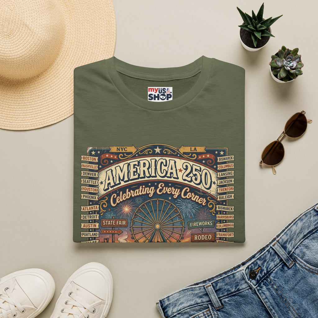 America 250 Celebration T-Shirt — Vintage Fair Ferris Wheel Patriotic Tee Pop Culture