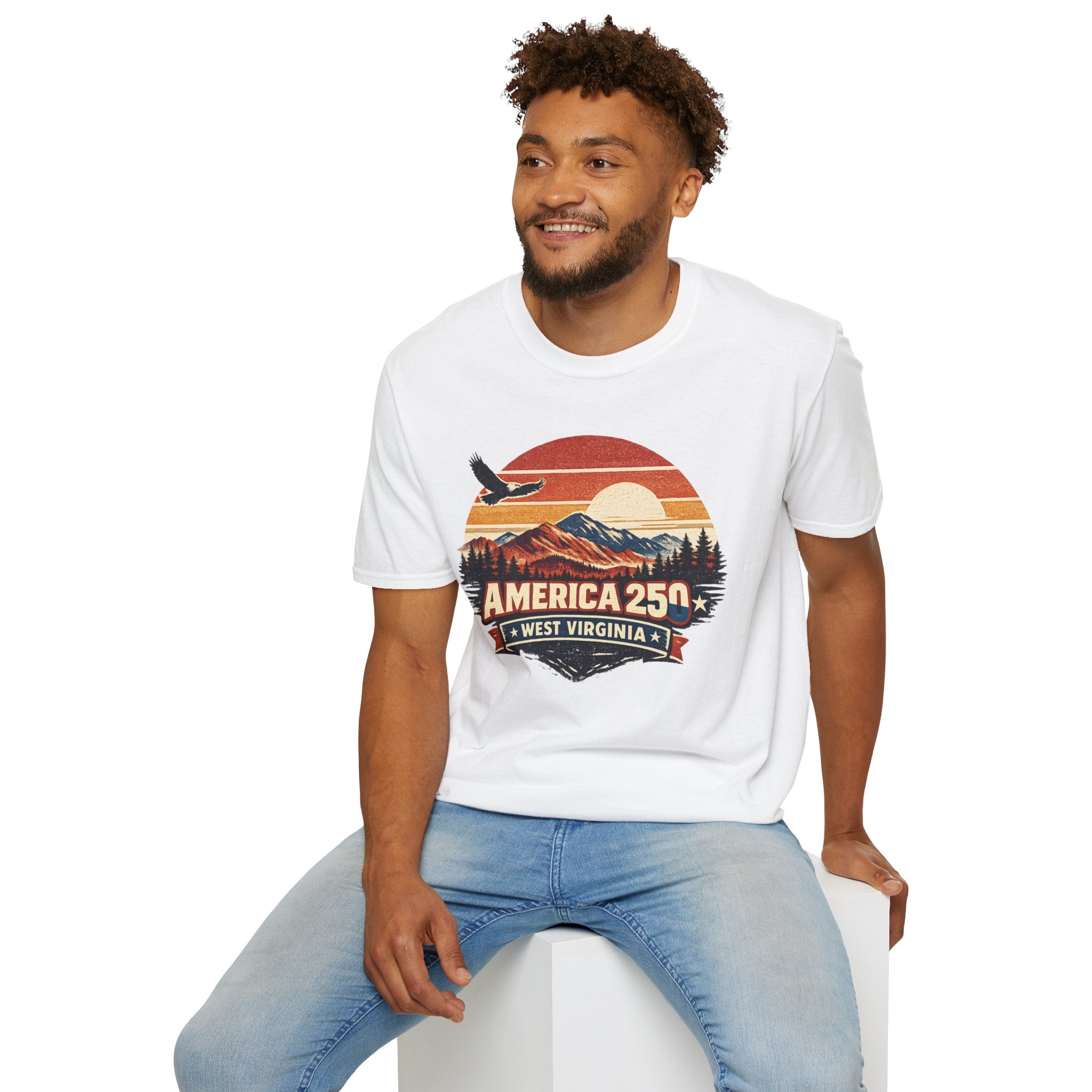 America 250 Retro Sunrise T-Shirt — West Virginia Scenic Eagle Design