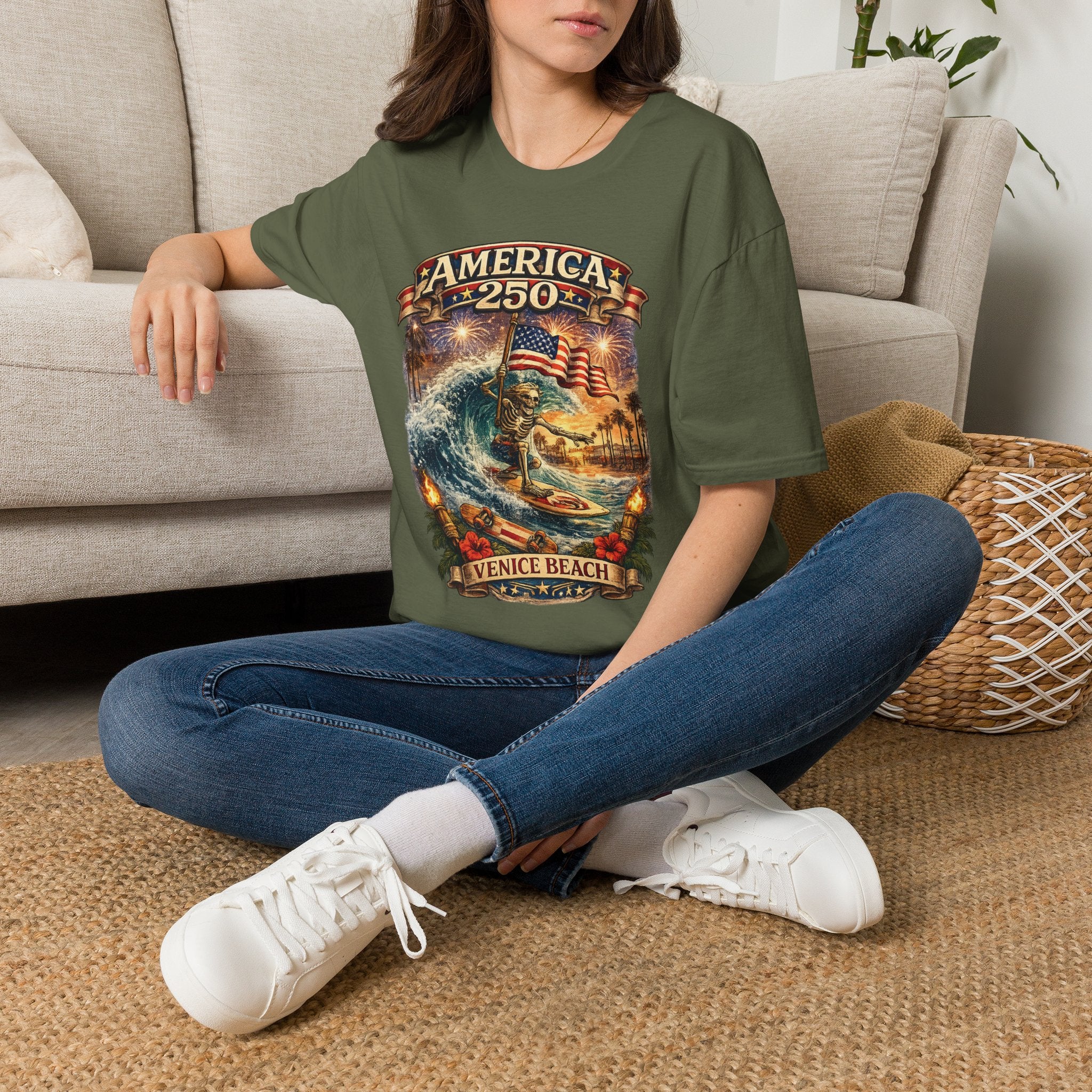 America 250 Venice Beach T-Shirt — Patriotic Vintage Surf & Fireworks Tee