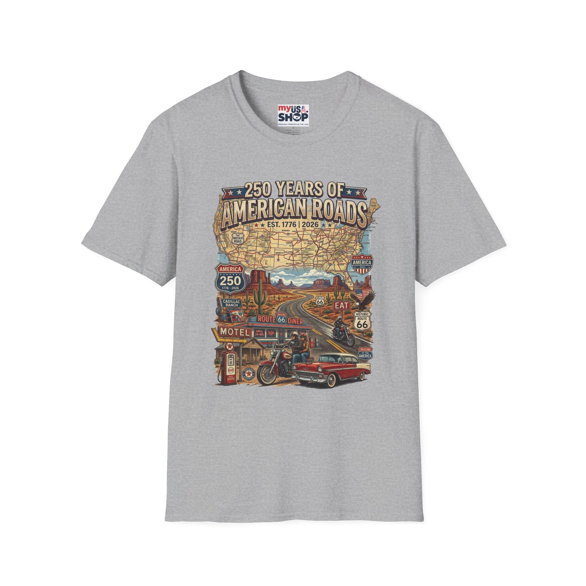 250 Years of American Roads T‑Shirt — Vintage USA Roadmap & Route 66 Travel Tee America 250 Pop Culture