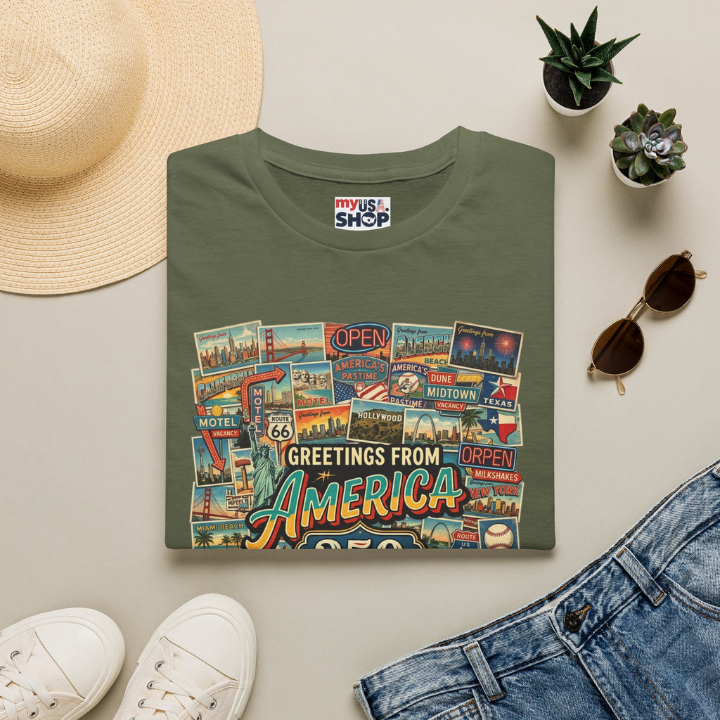Greetings From America 250 Vintage Postcard T-Shirt Pop Culture