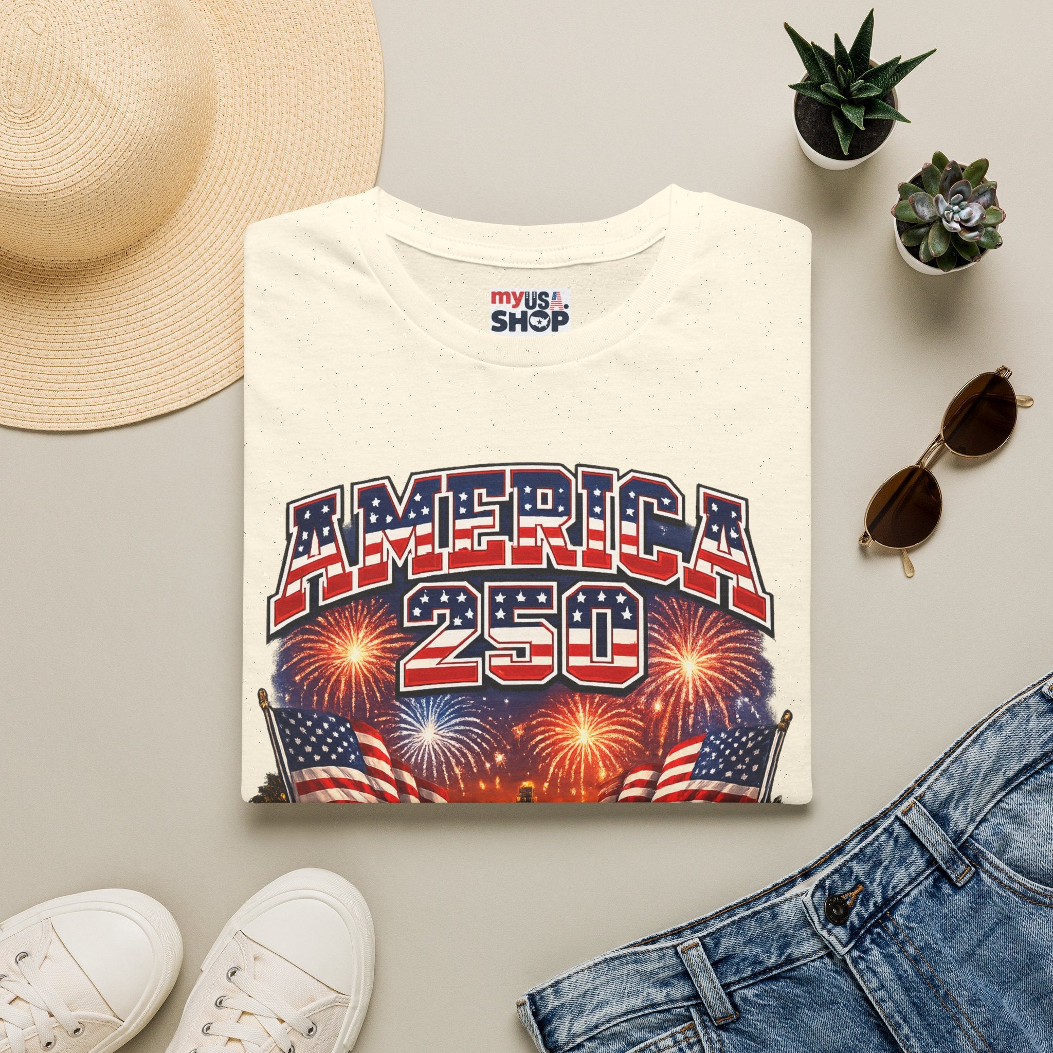 America 250 T-Shirt — Patriotic Fireworks Classic Car Tee for Independence Day