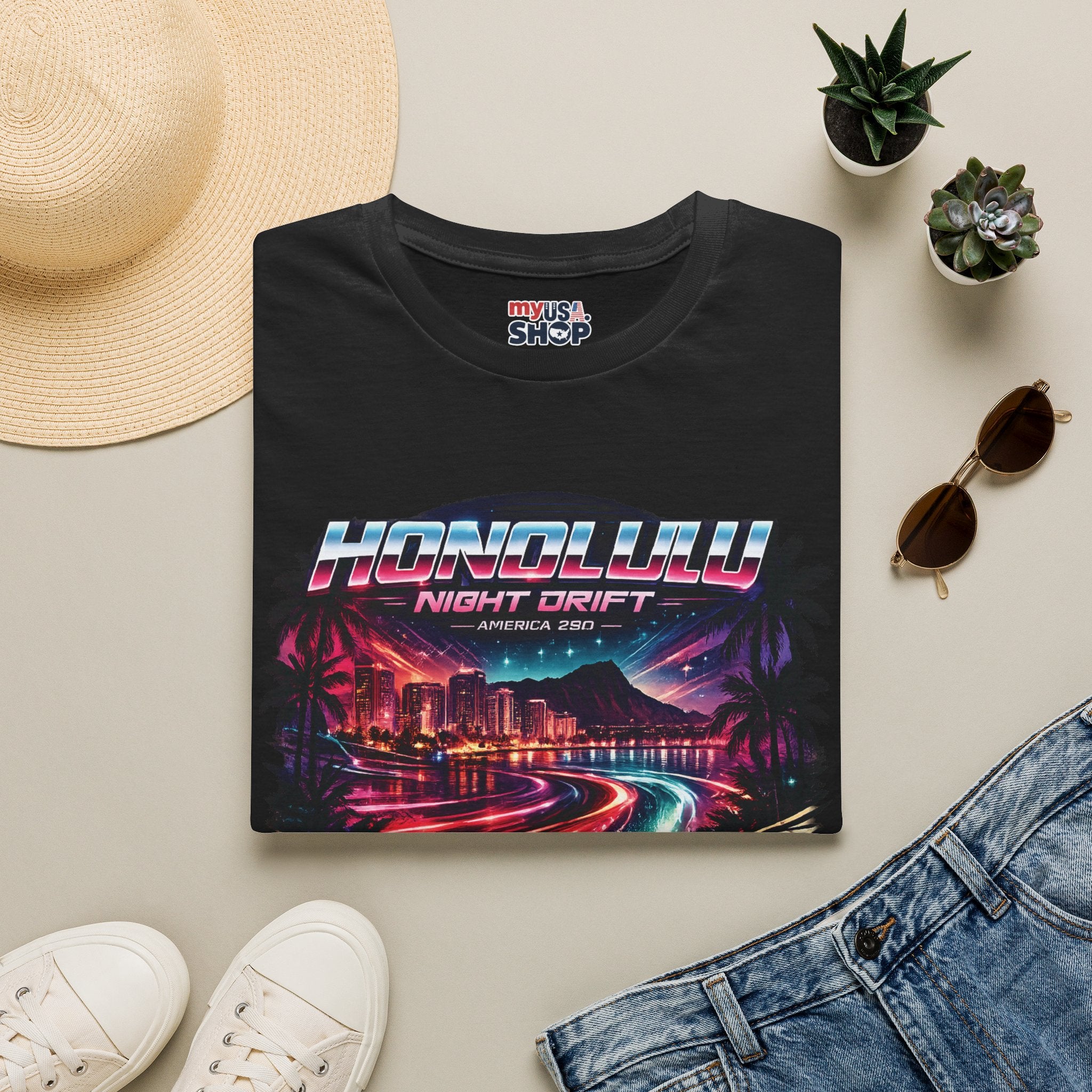 America 250 Honolulu Night Drift T-Shirt — Retro Neon Hawaii Surf & Cityscape Tee
