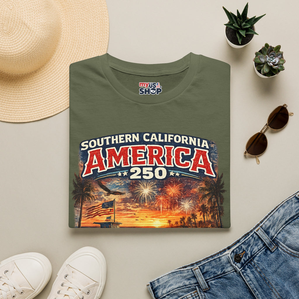 America 250 Southern California Sunset T-Shirt — Patriotic 4th of July Beach Vintage Tee
