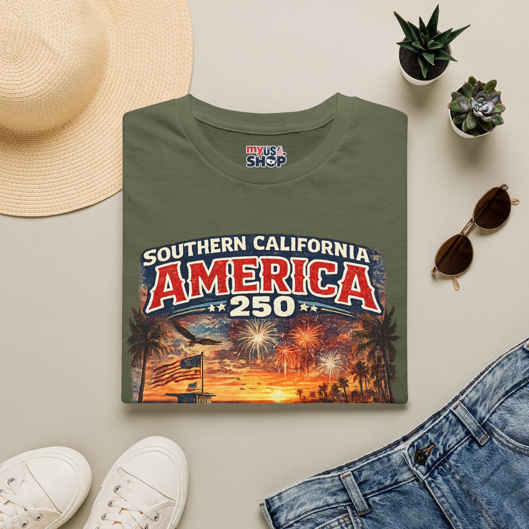America 250 Southern California Sunset T-Shirt — Patriotic 4th of July Beach Vintage Tee