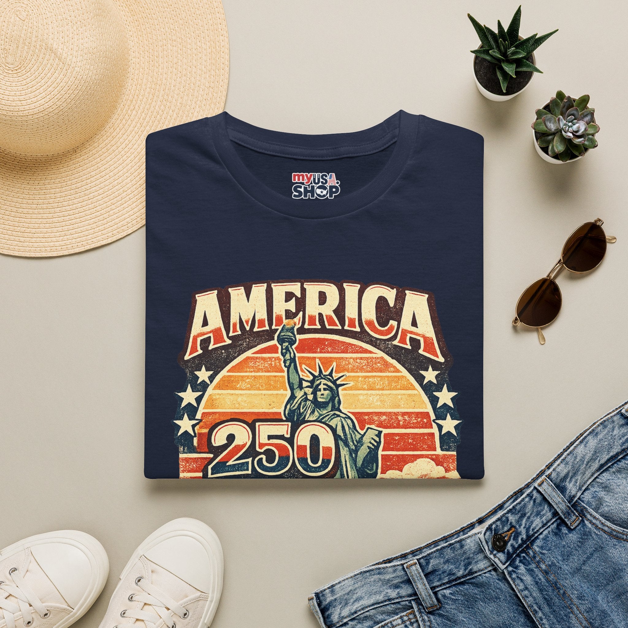 America 250 New York T-Shirt — Retro Statue of Liberty Graphic