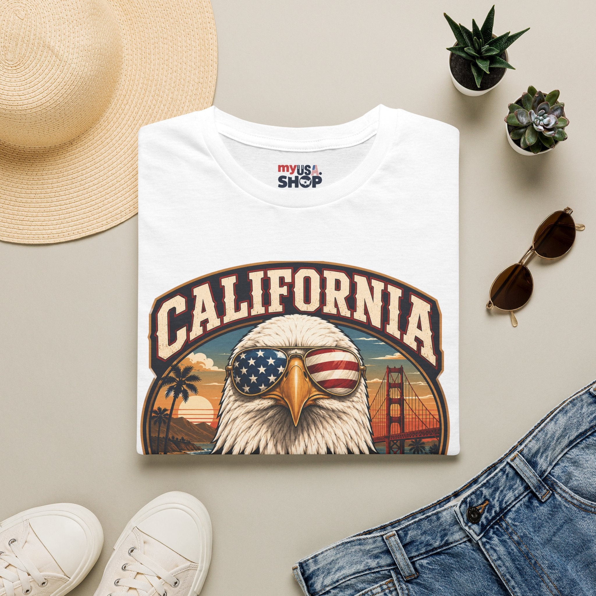 America 250 California Eagle Club T-Shirt — Patriotic Vintage Bald Eagle & Golden Gate Tee