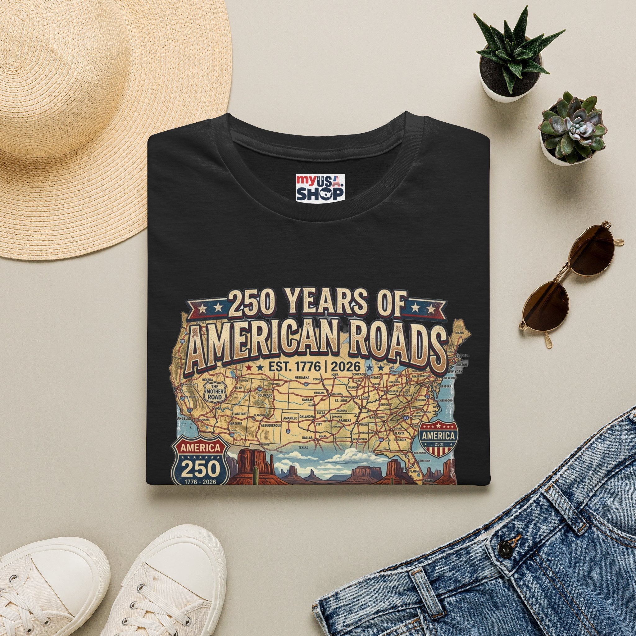 250 Years of American Roads T‑Shirt — Vintage USA Roadmap & Route 66 Travel Tee America 250 Pop Culture