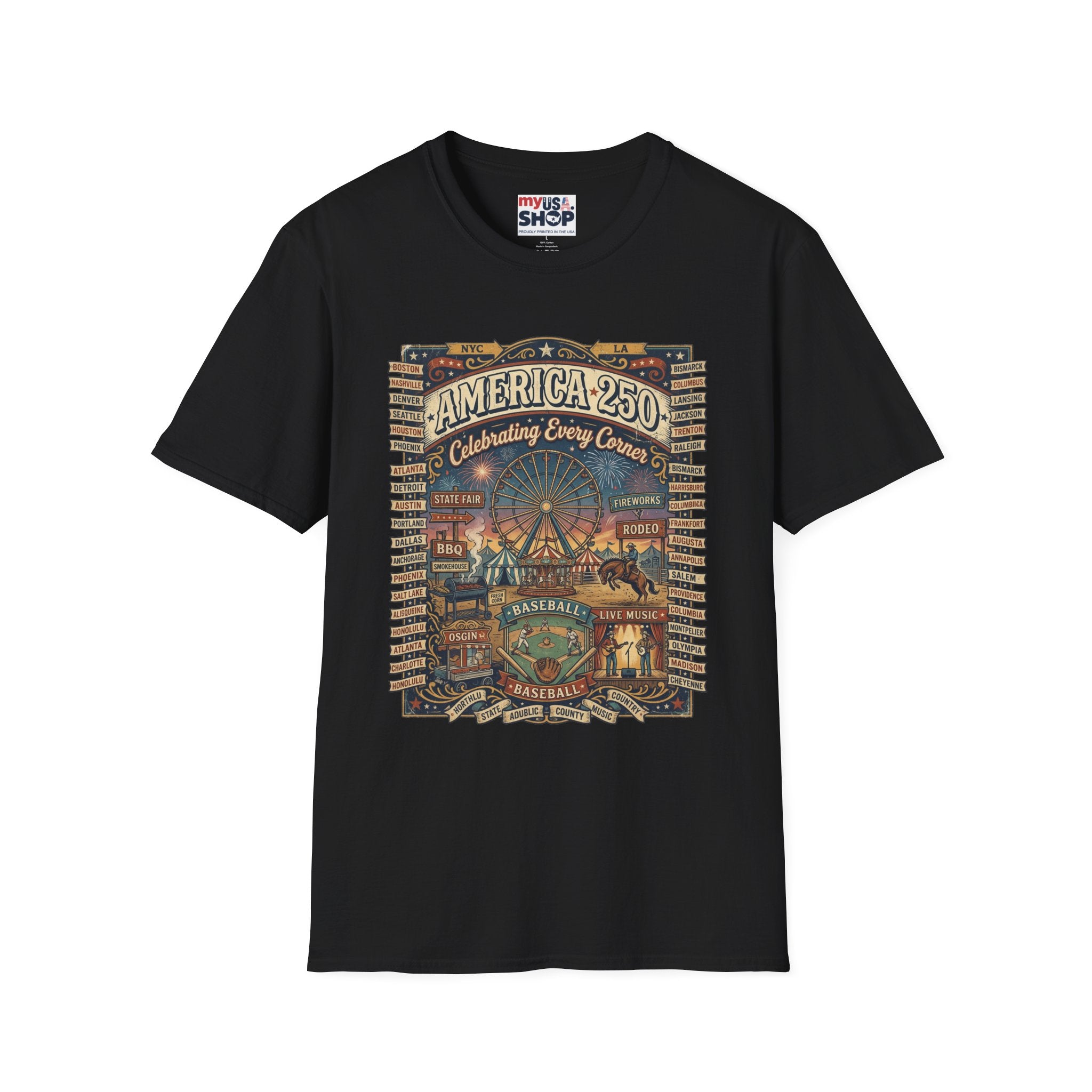 America 250 Celebration T-Shirt — Vintage Fair Ferris Wheel Patriotic Tee Pop Culture