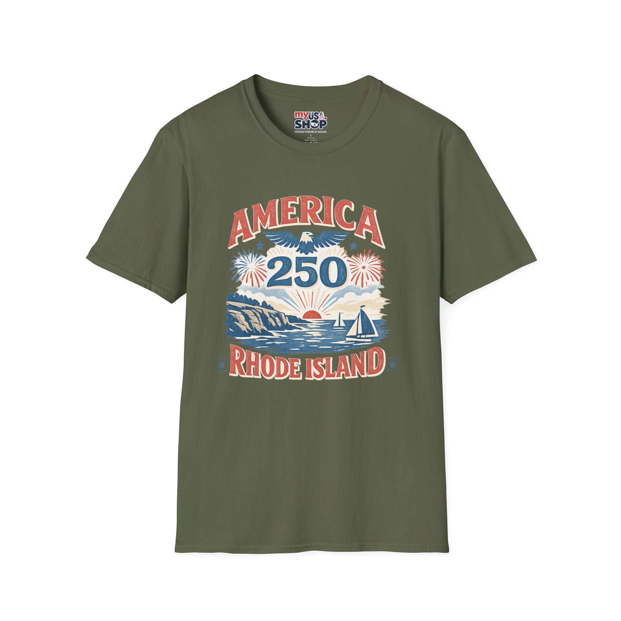 America 250 Rhode Island Shirt — Coastal Fireworks Patriotic Tee