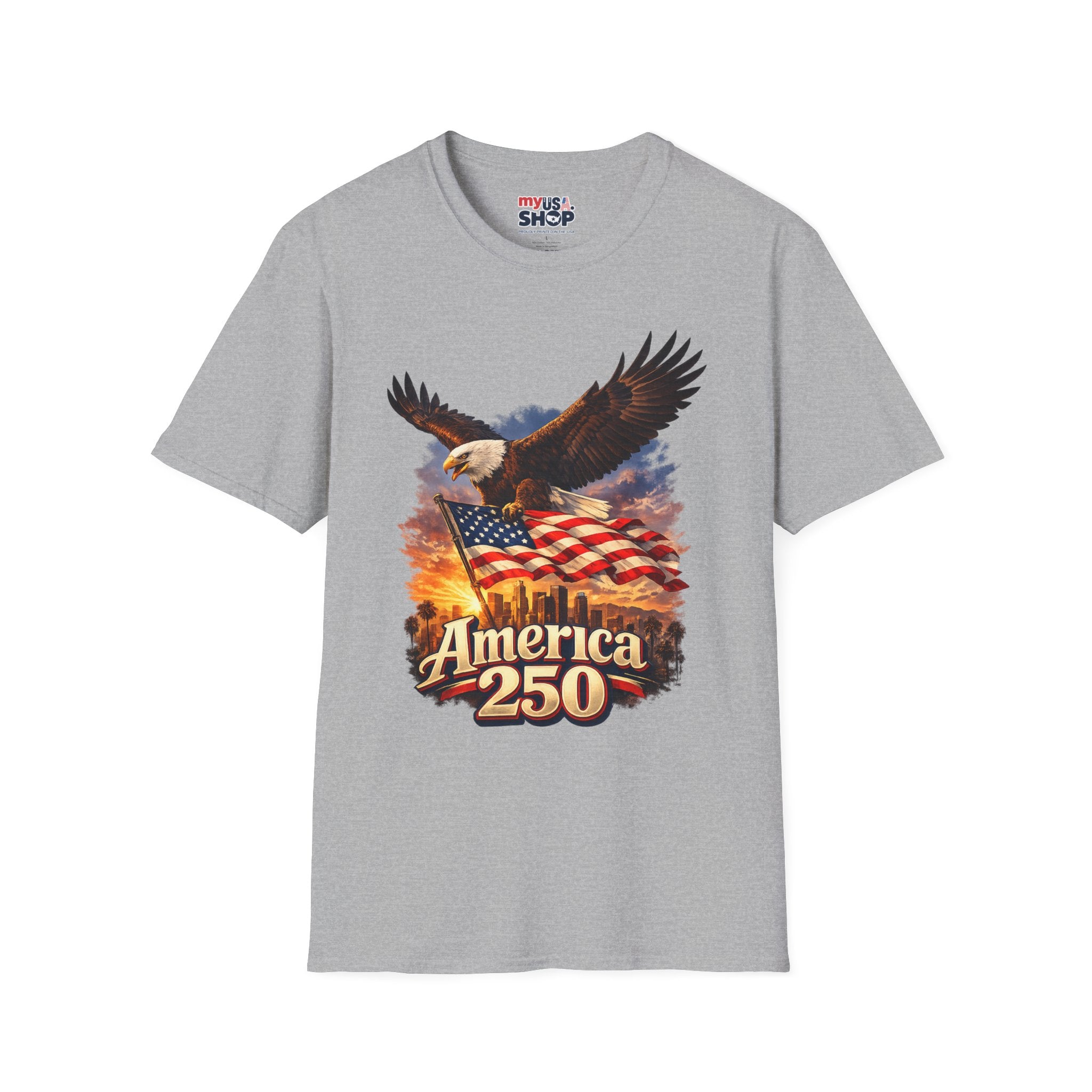 America 250 Los Angeles Eagle Flag Skyline Palms Sunset White California Tee