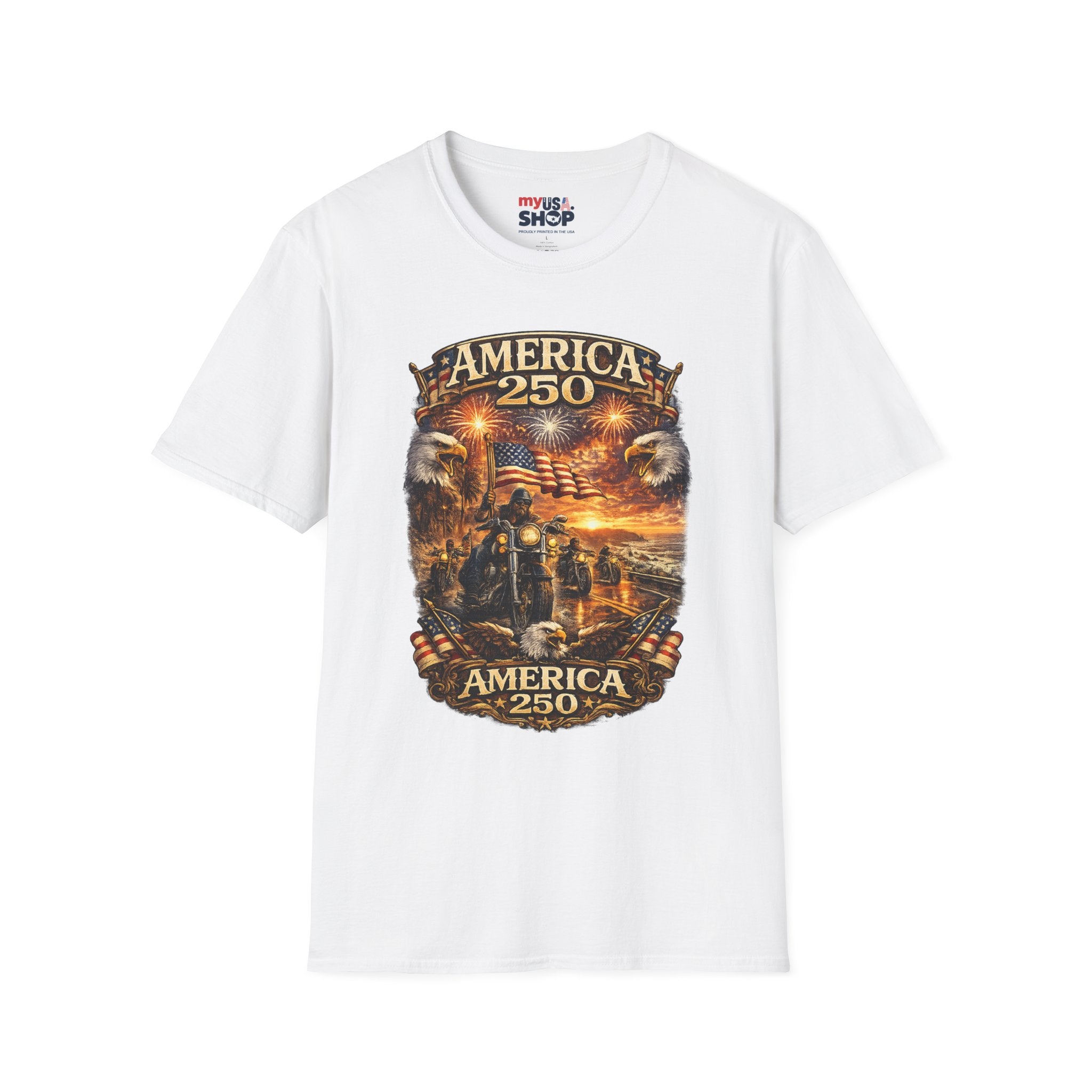 America 250 Celebration T-Shirt — Patriotic Fireworks & Bald Eagle Tee