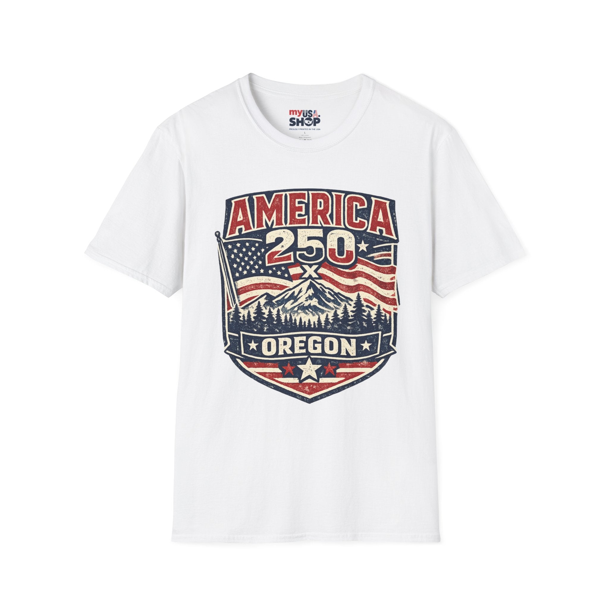 America 250 Oregon Shirt — Patriotic Mountain Flag Badge Tee